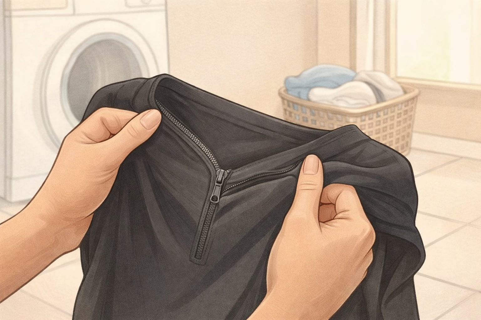 Hands turn a black top inside out to reduce black clothes fading.