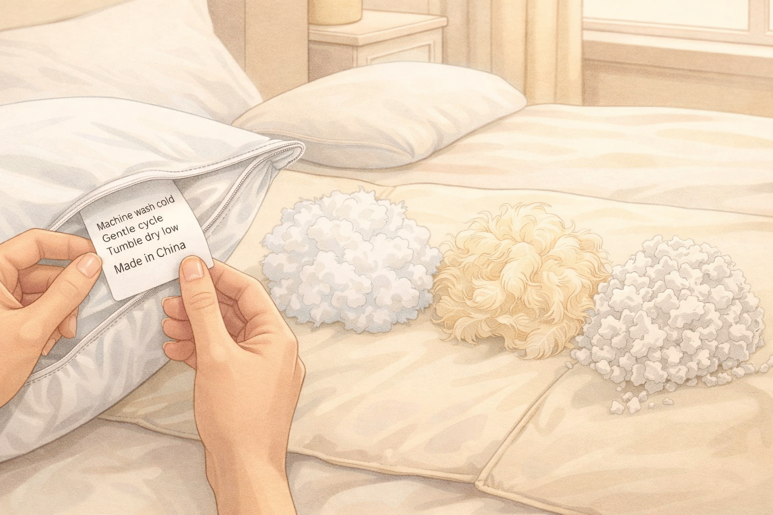 Checking pillow label before you wash pillows in a small London flat.