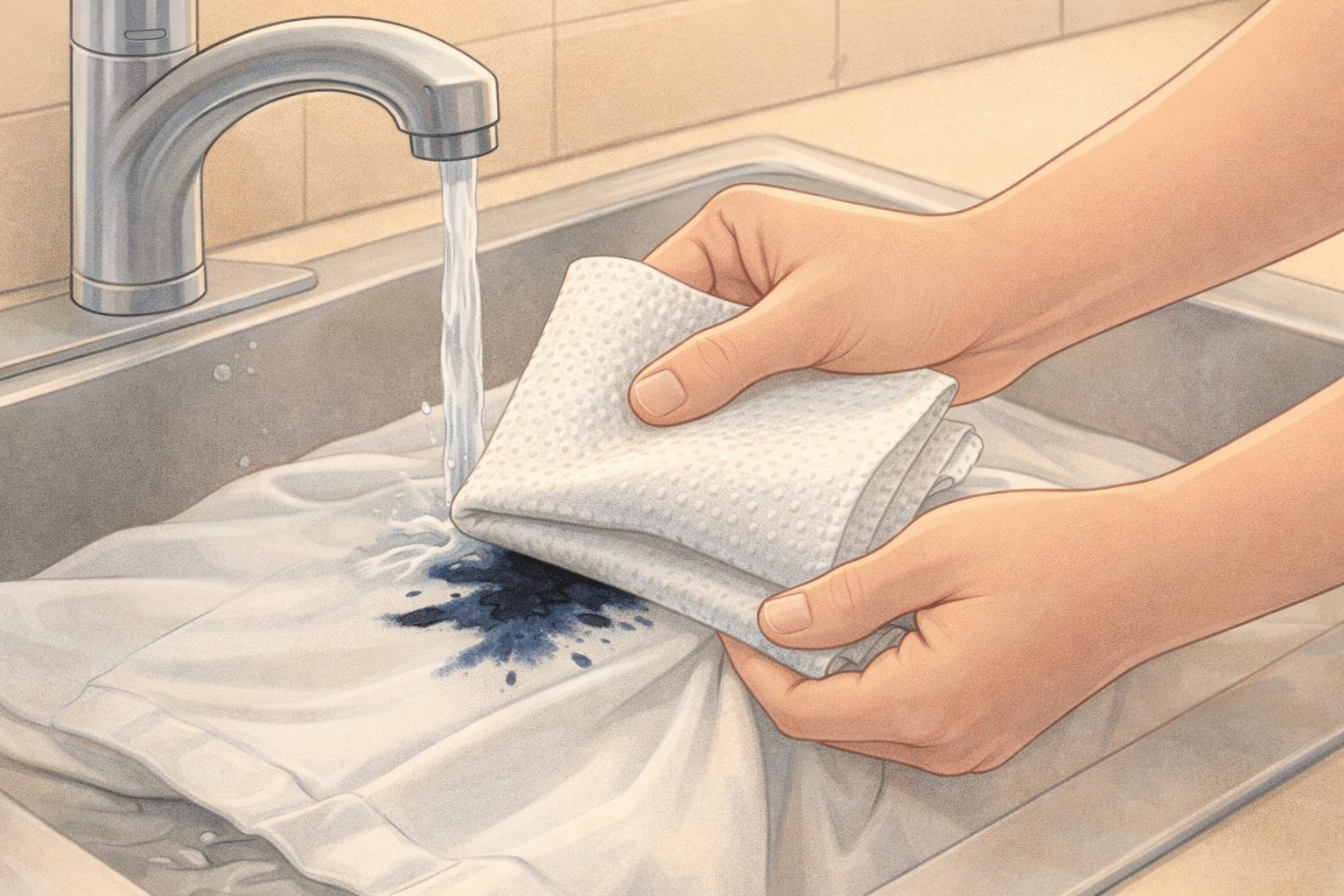 Blotting ink stain on cotton with cold water and paper towel support.