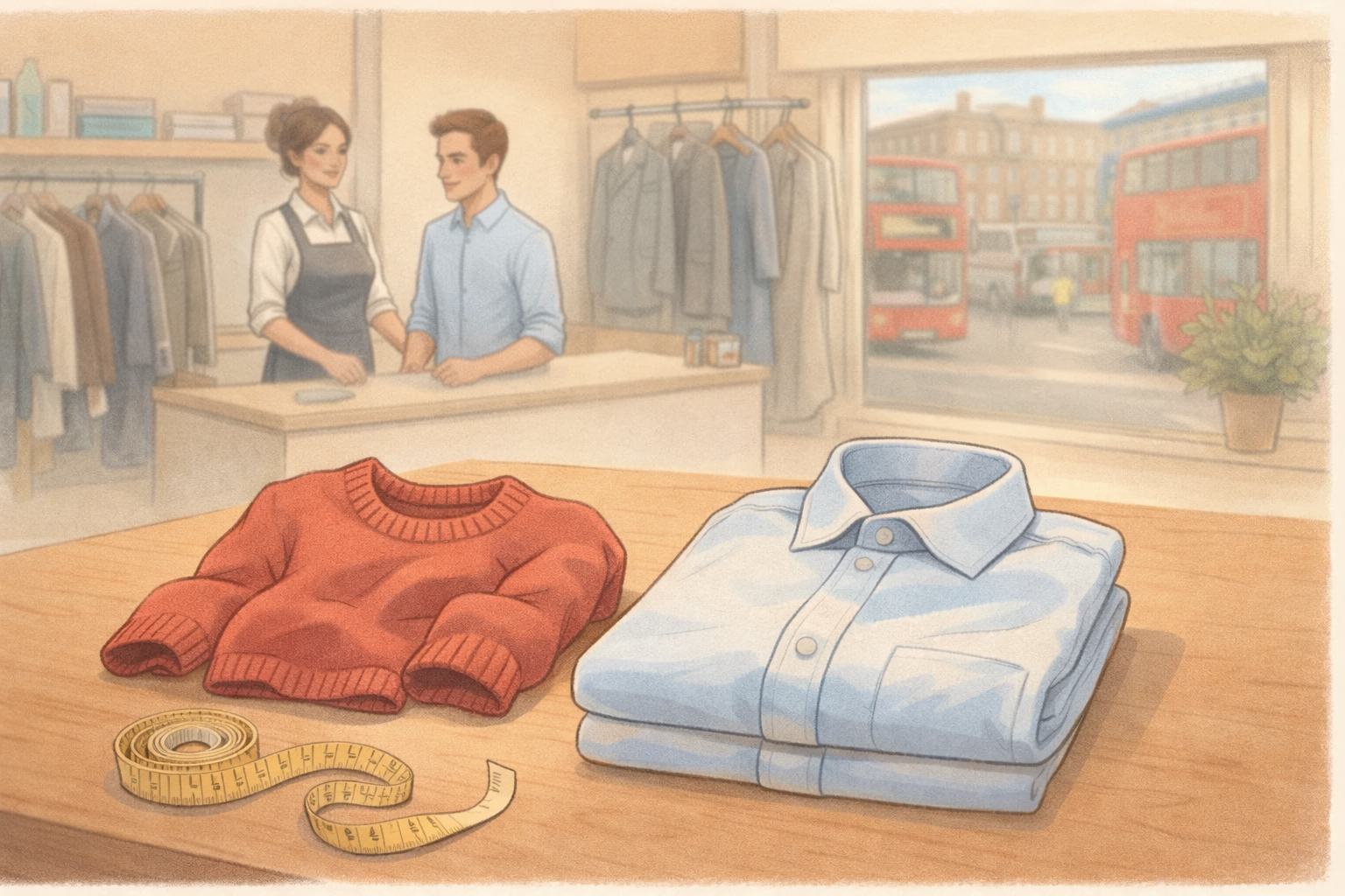 Shrunken jumper and cotton shirt on counter, assessing before unshrinking