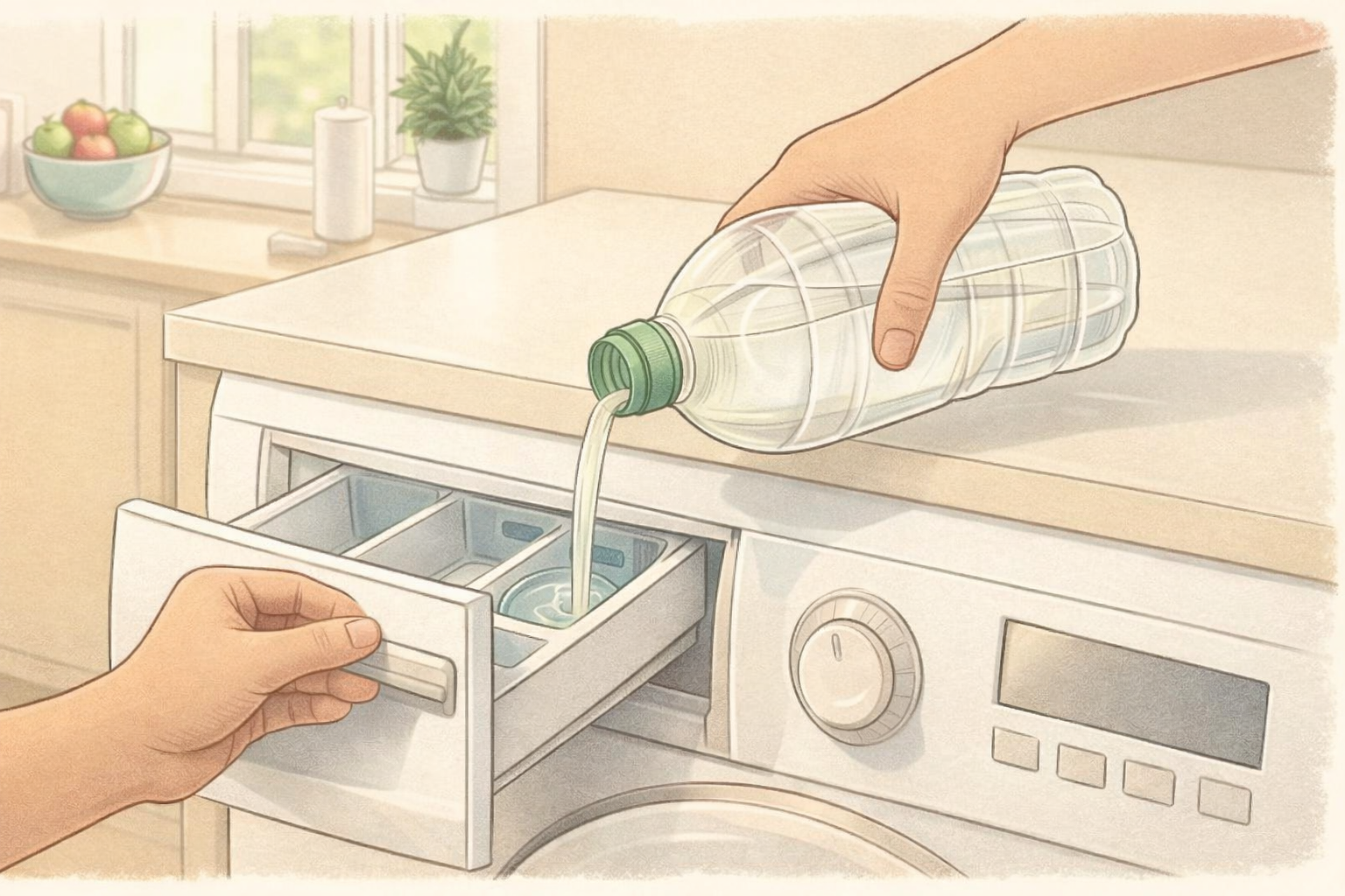 Hands adding vinegar to a washing machine drawer in a bright kitchen.