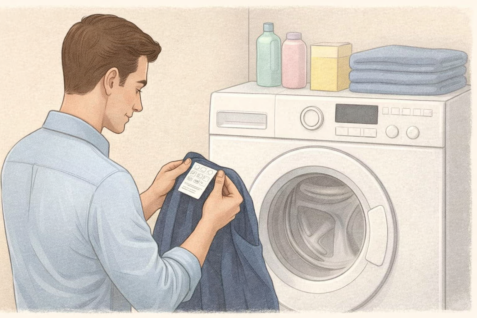 Checking a clothing label for proper washing instructions.