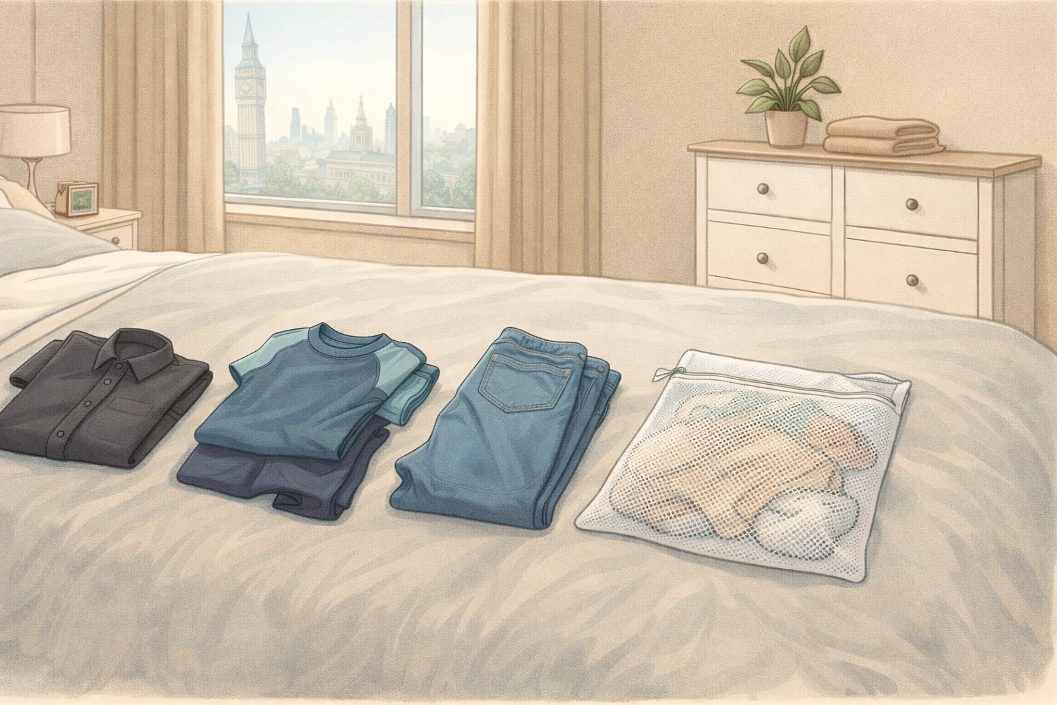 Black workwear, gym kit, and denim sorted with a mesh bag.