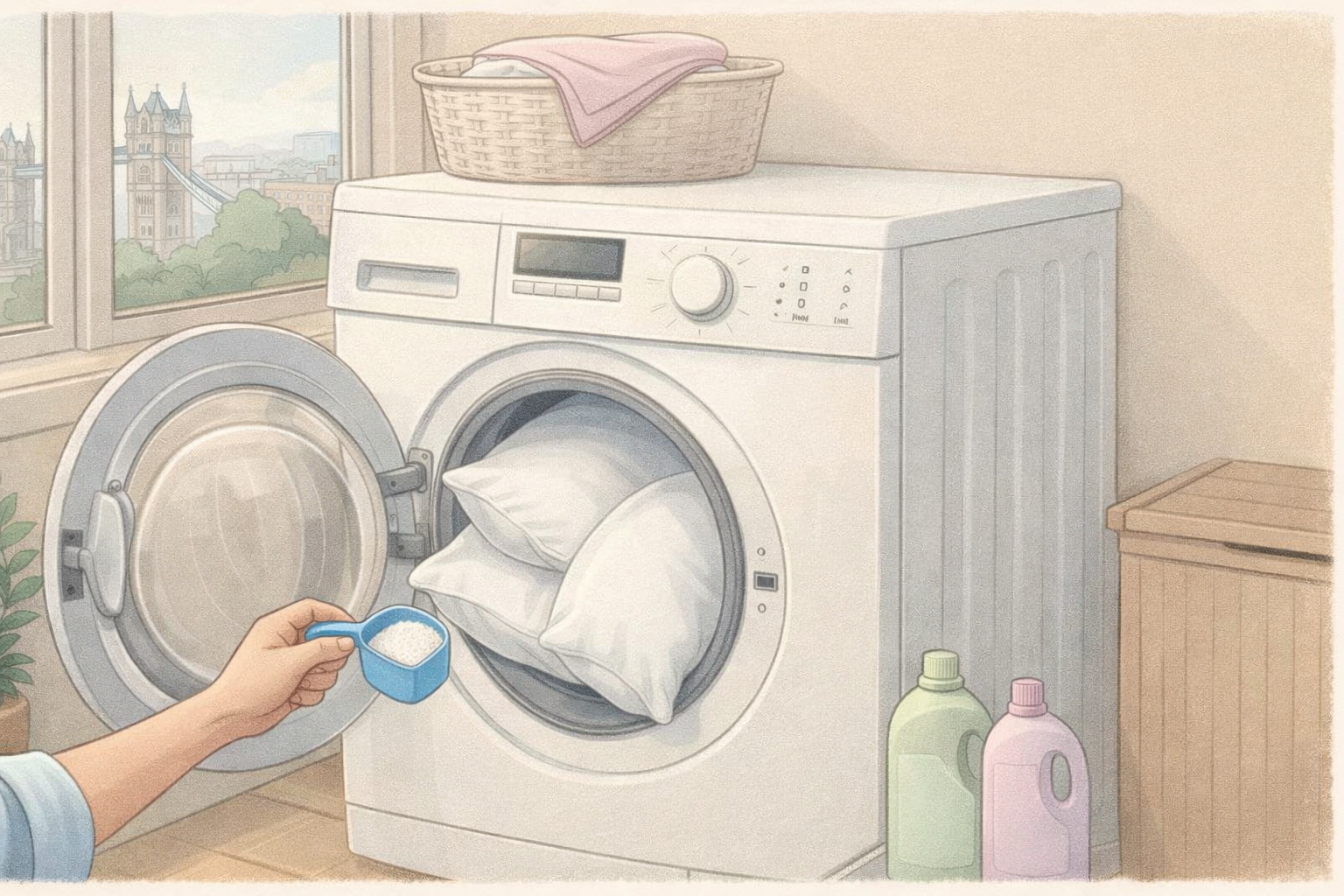 Two pillows balanced in a washer on a gentle cycle with minimal detergent.