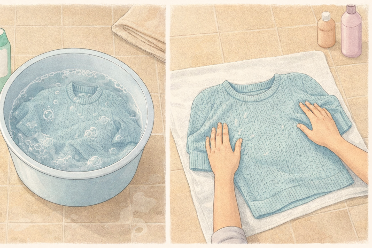 Hands using conditioner soak method to reshape a jumper on a towel