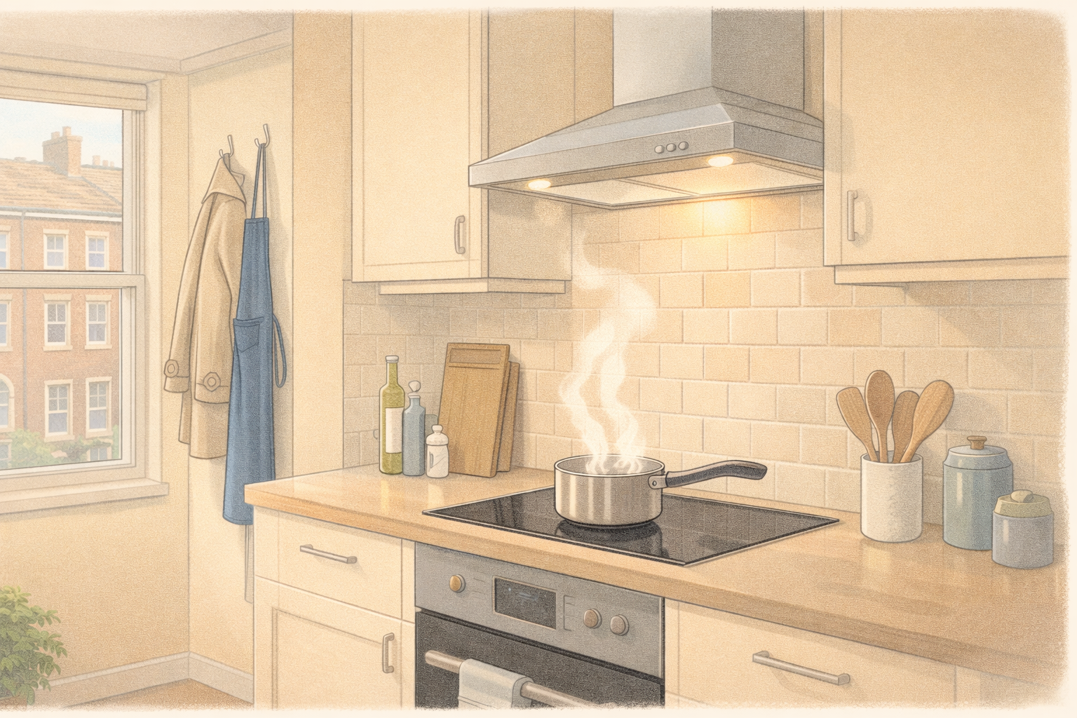 Extractor fan and covered pan reducing odours in a small London kitchen