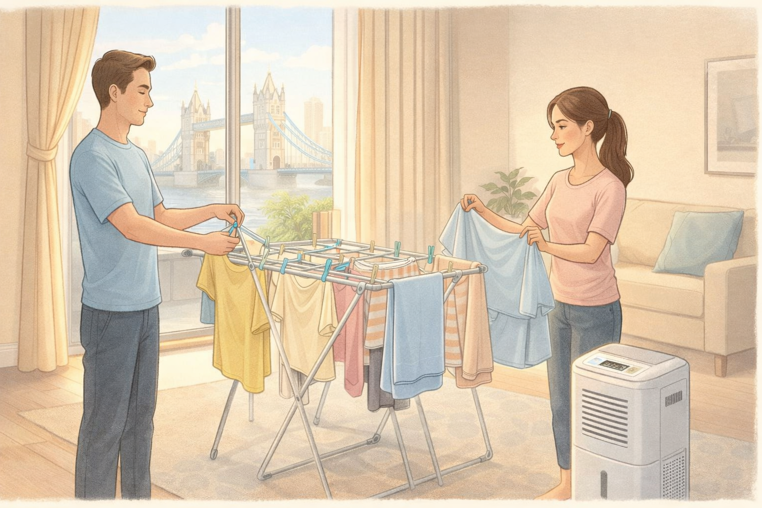 Laundry drying indoors with sunlight and dehumidifier in a modern London flat.