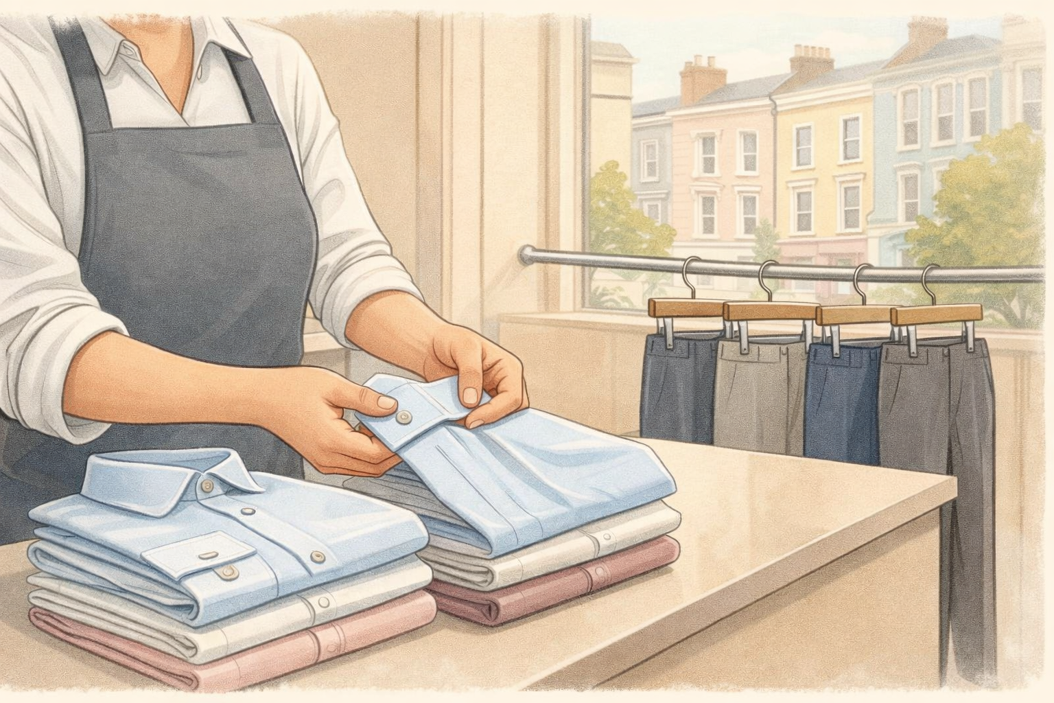 Freshly pressed shirts and trousers ready for collection at a London dry cleaner