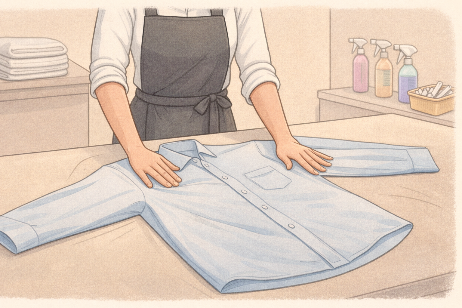 Reshaping a garment on a flat surface to maintain its shape.