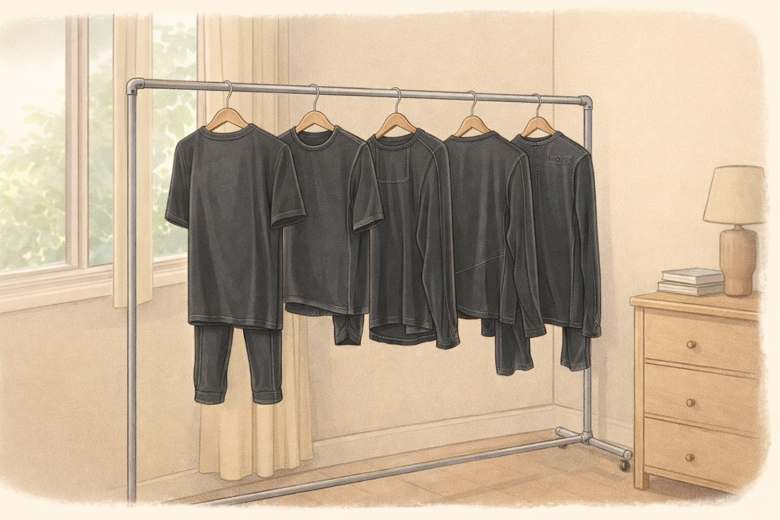 Black garments drying in shade on an indoor rack, away from sunlight.