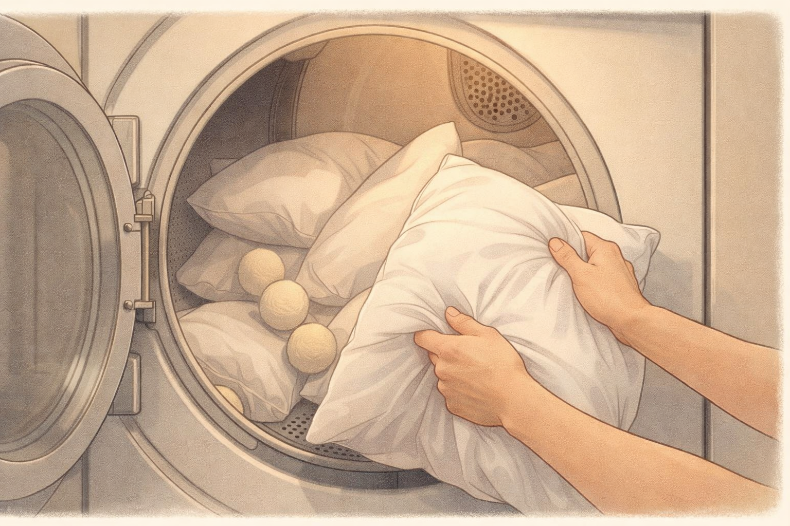 Fluffing pillows with dryer balls to dry pillows in tumble dryer evenly.