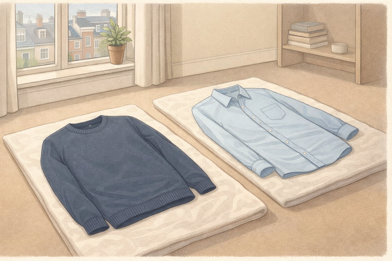 Reshaped clothes drying flat on towels near a window, avoiding heat