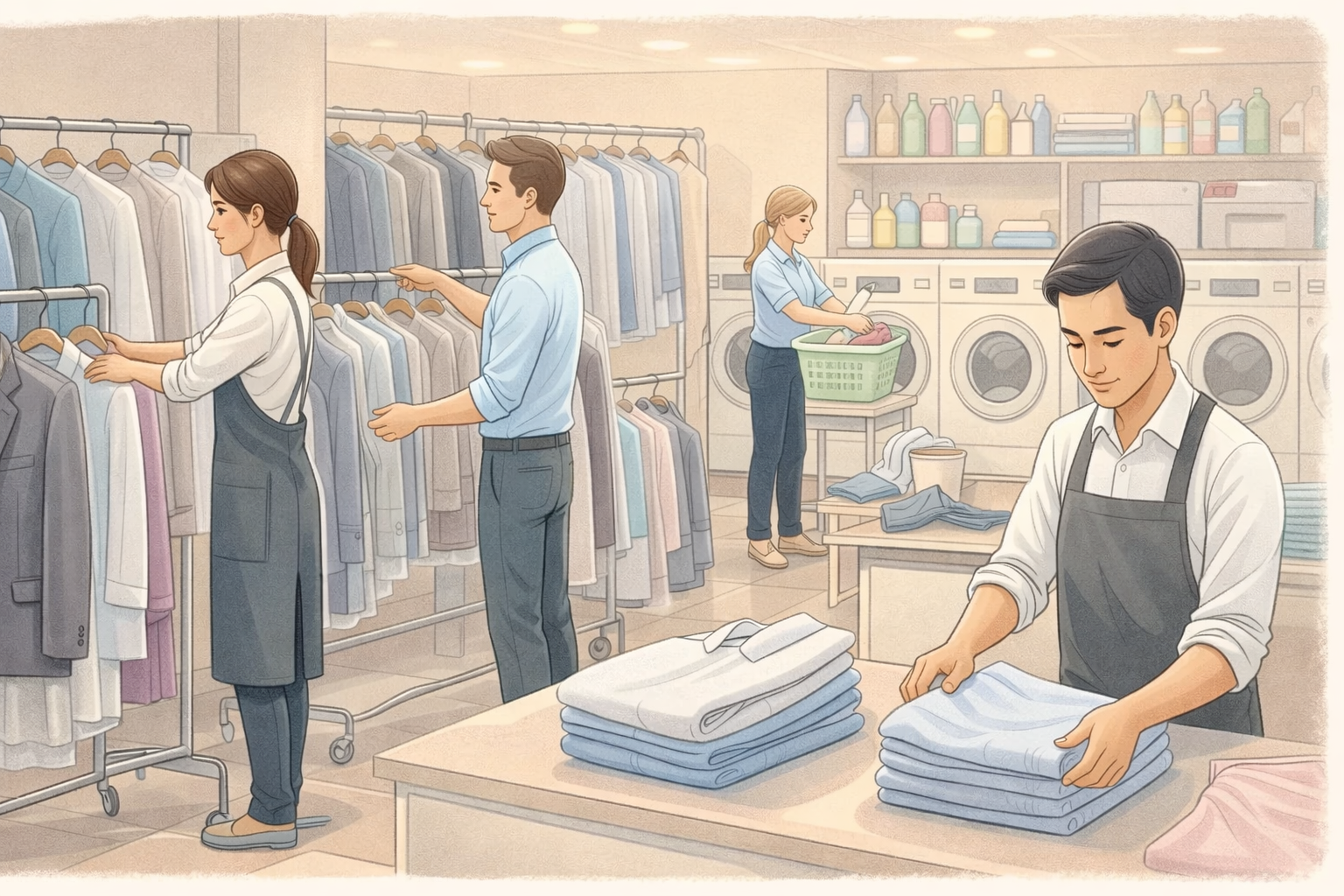 Professional launderette with clothes on racks and a bustling environment.