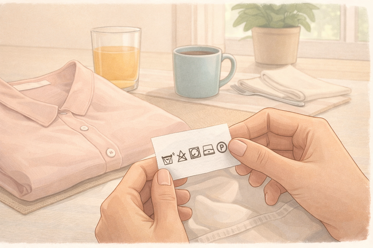 Hands reading garment care symbols on a dry clean only label before washing