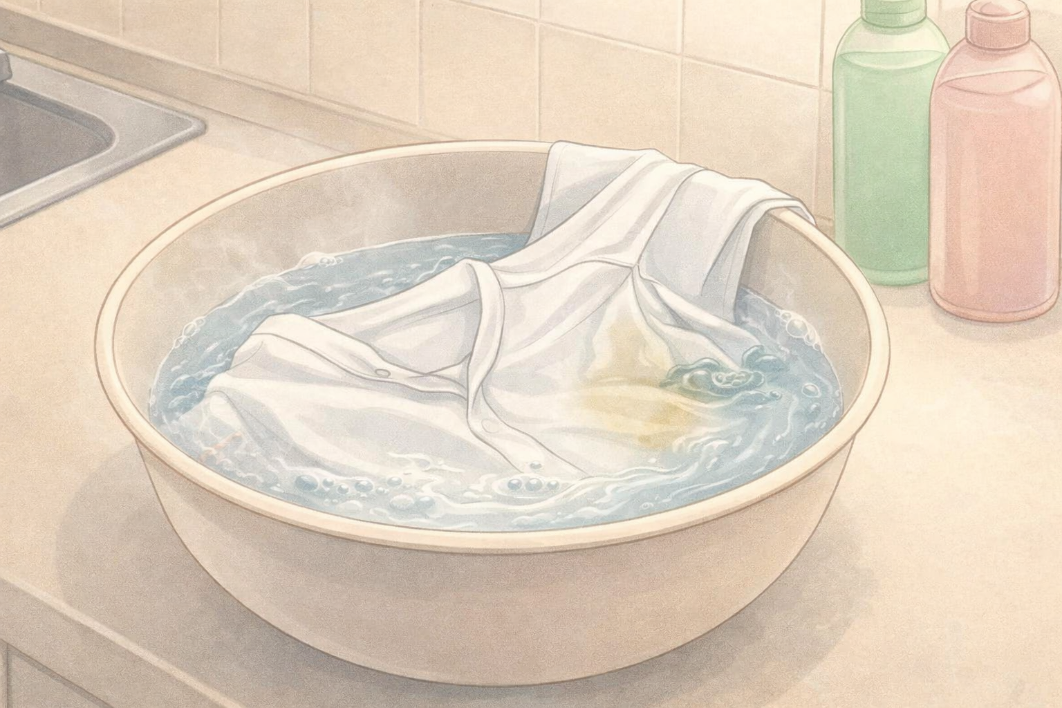 White shirt underarm soaking in water to lift sweat stains safely