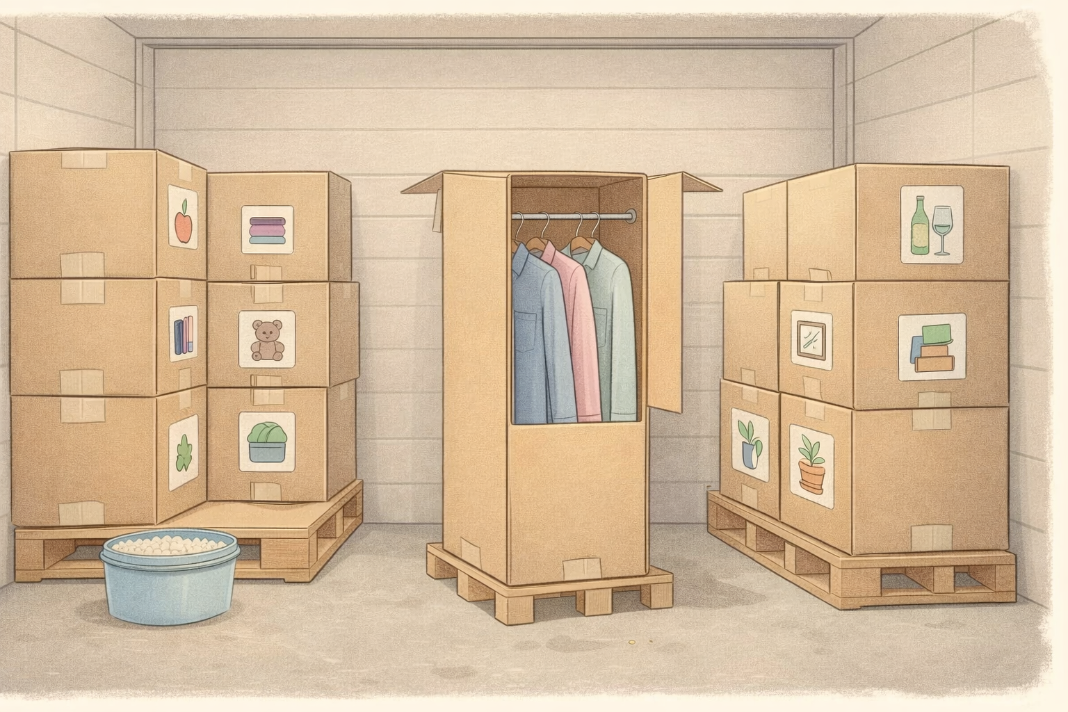 Storage unit layout with airflow gaps and labelled boxes for mould-safe clothing storage