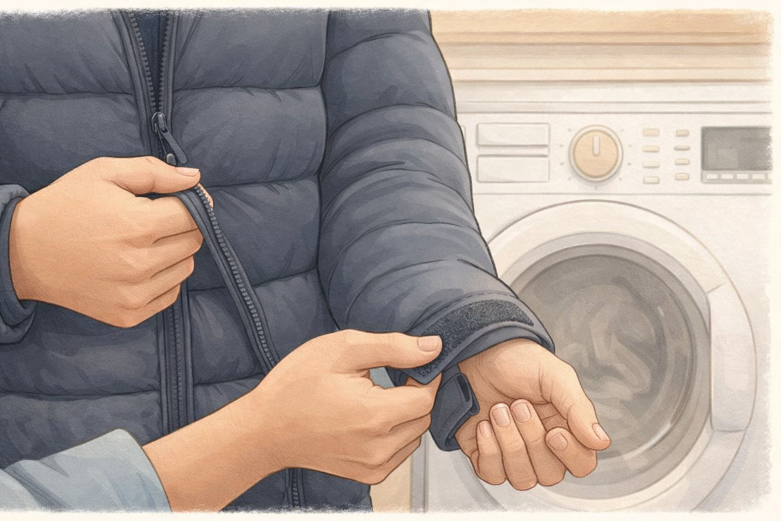 Hands prepping a jacket before wash down jacket cycle, zips closed and pockets emptied