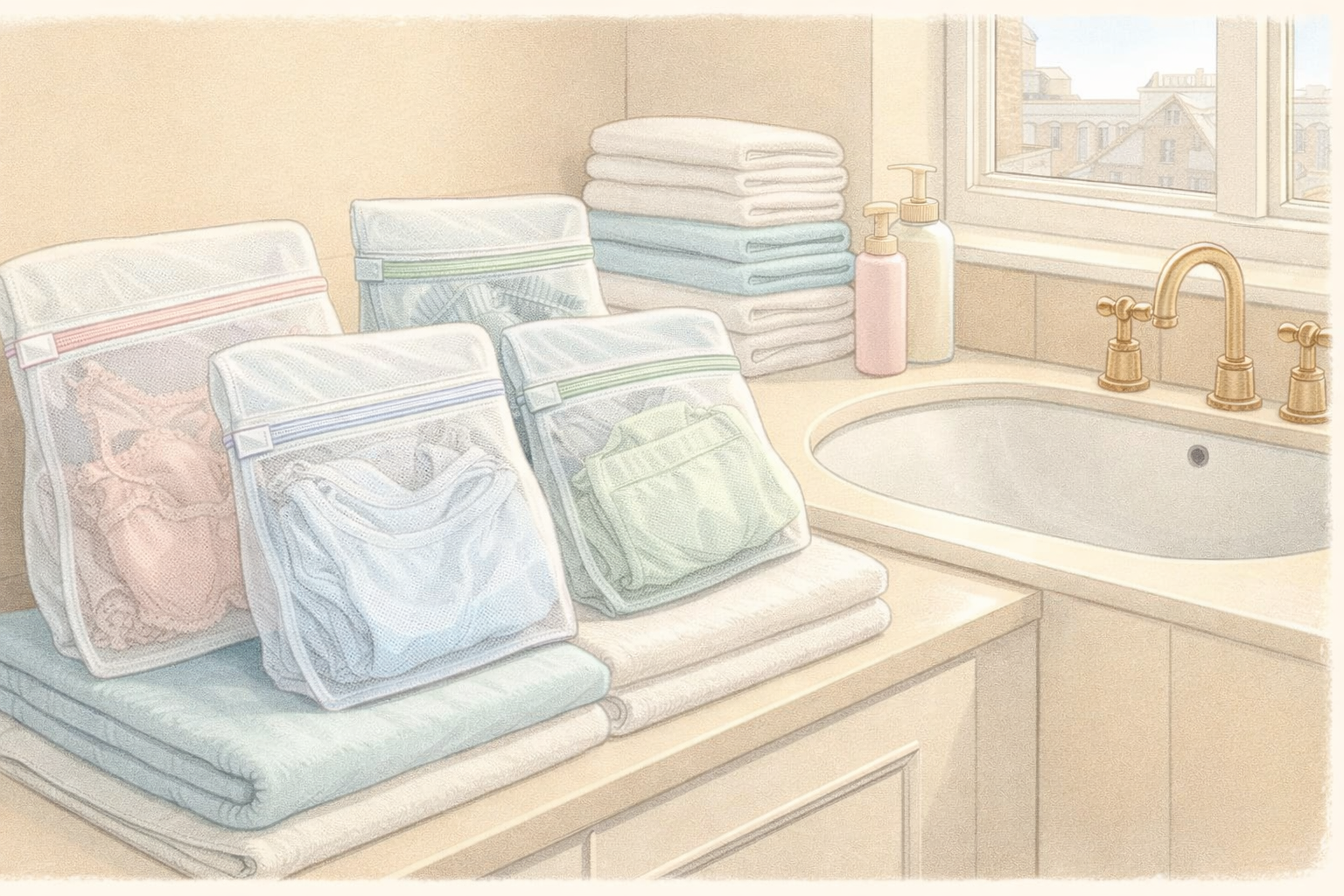 Delicate garments in mesh bags and towels ready for gentle cold washing