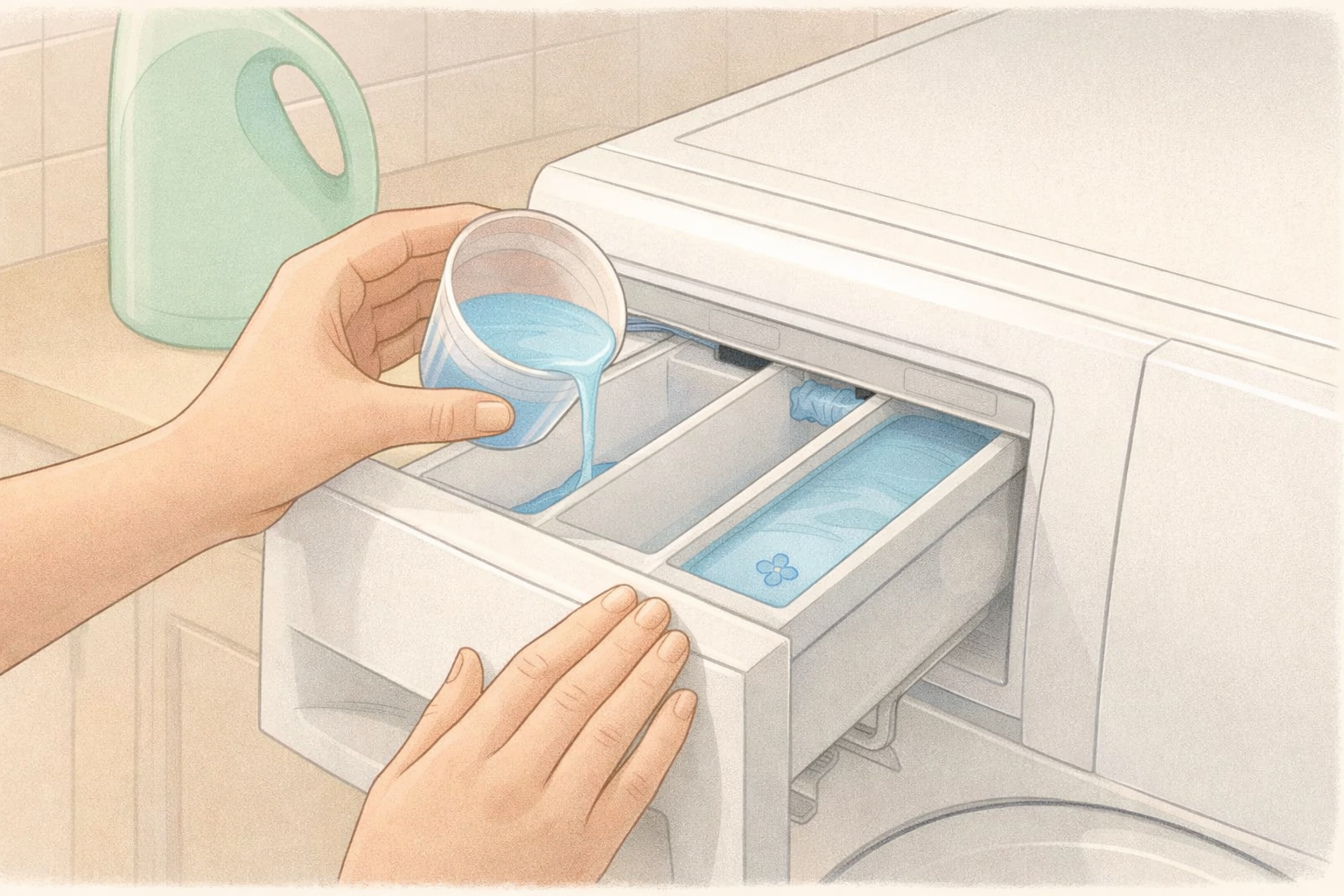 Measured softener dose in washing machine drawer to prevent laundry detergent buildup