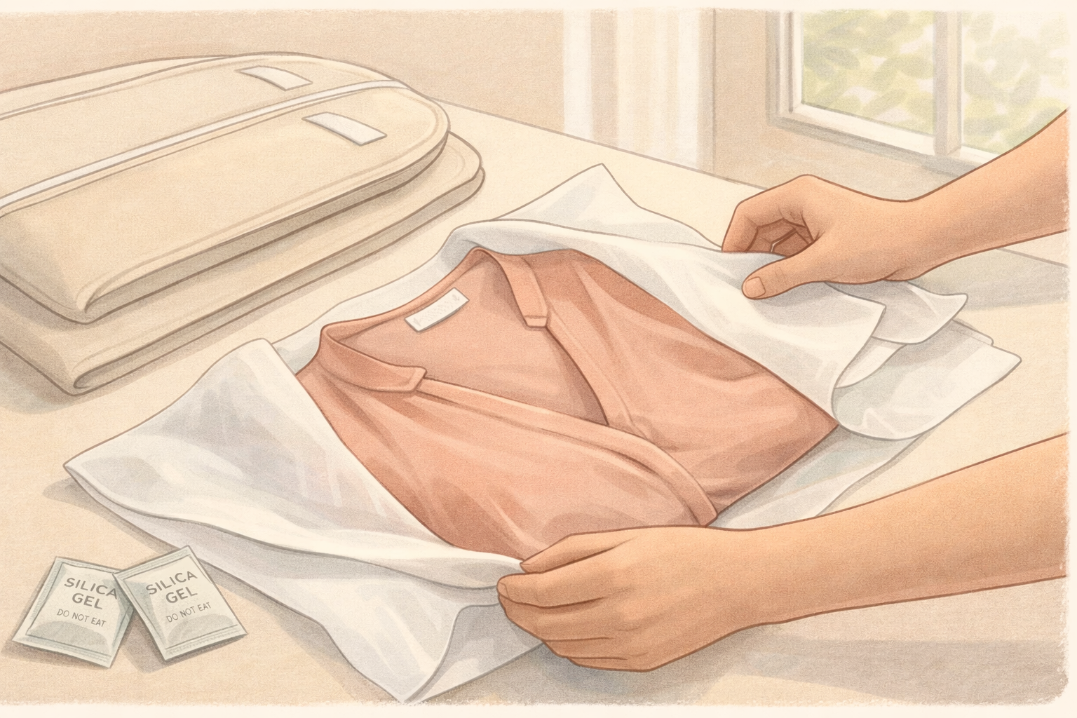 Hands using acid-free tissue paper and cotton bags to protect delicate garments