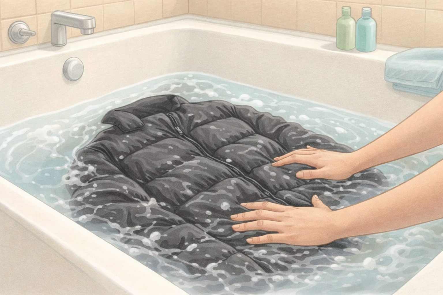 Hand washing a down jacket in a bathtub, gently pressing water through baffles