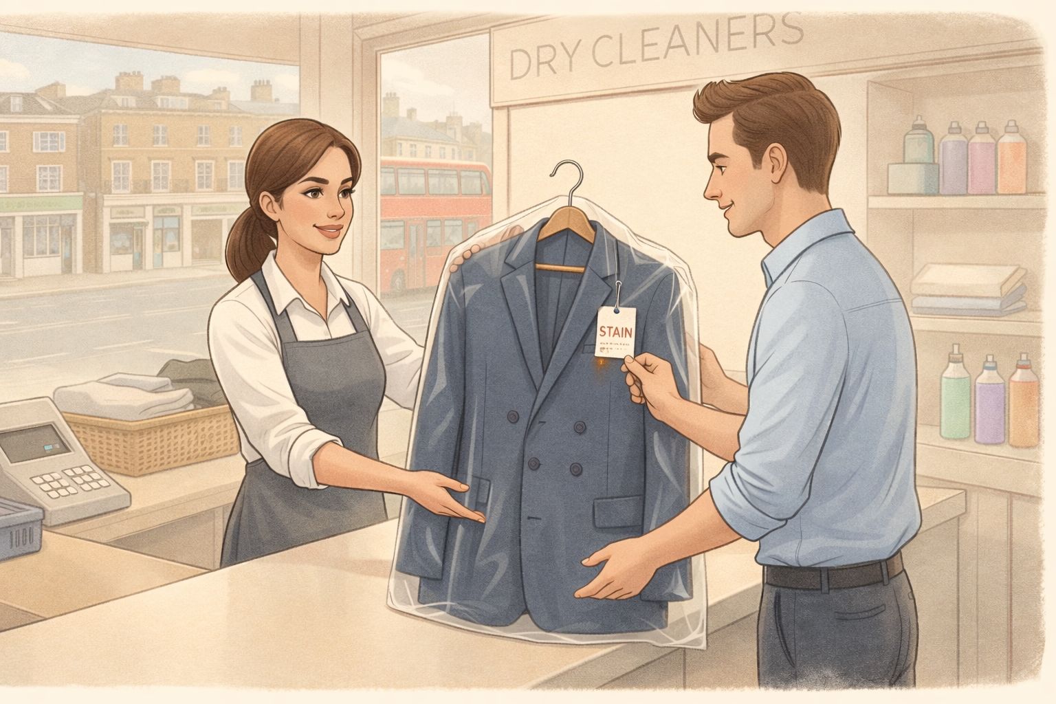 Tailored jacket at a London dry cleaner counter for professional care