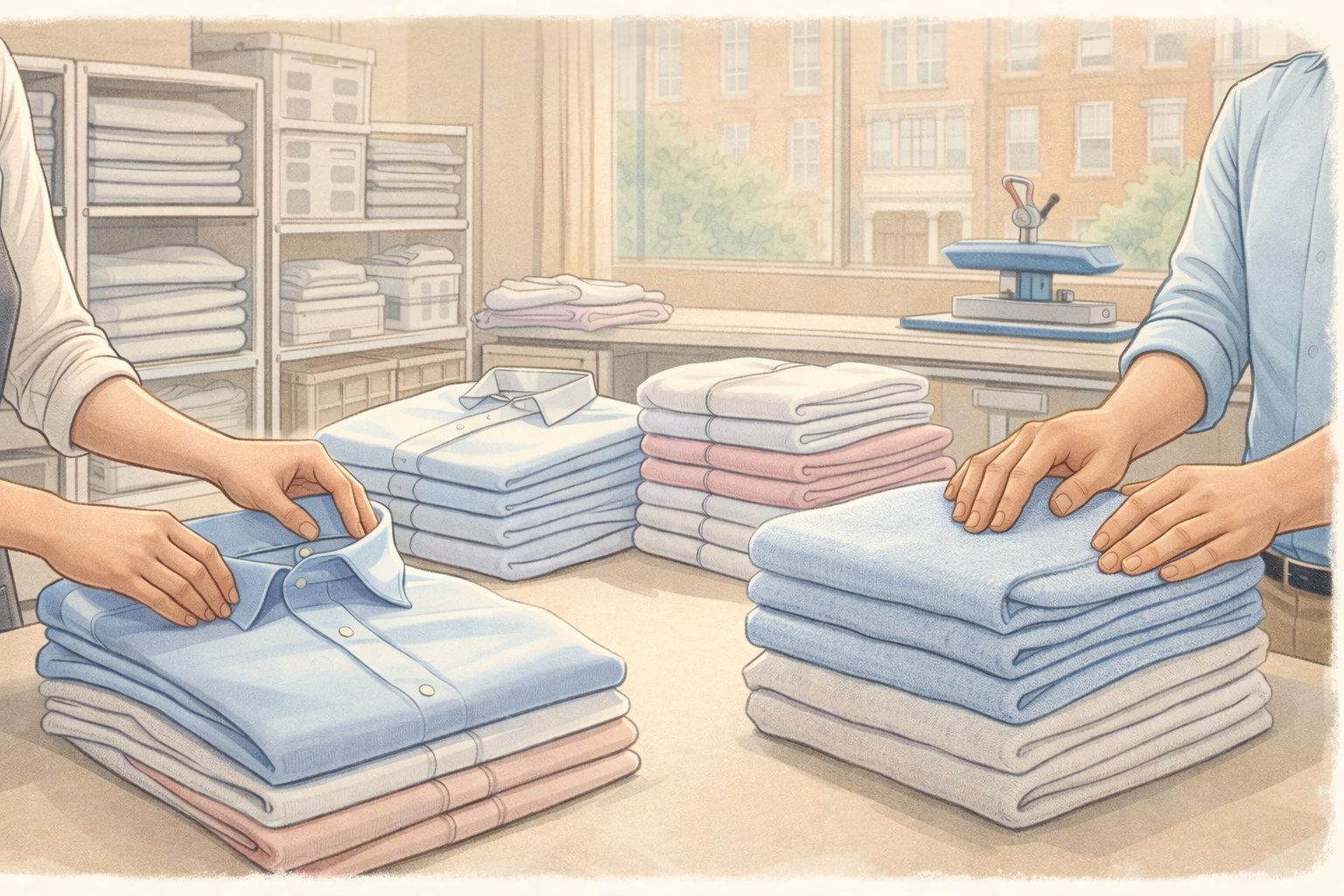 Notting Hill laundry shop sorting towels and shirts for reset wash and press