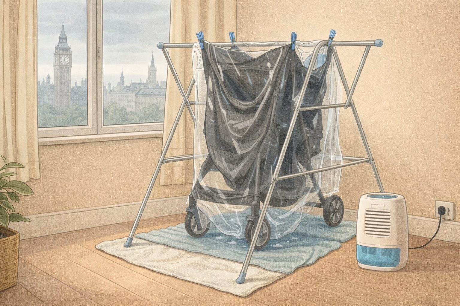 Air dry padded fabric on a rack by a window to prevent smells