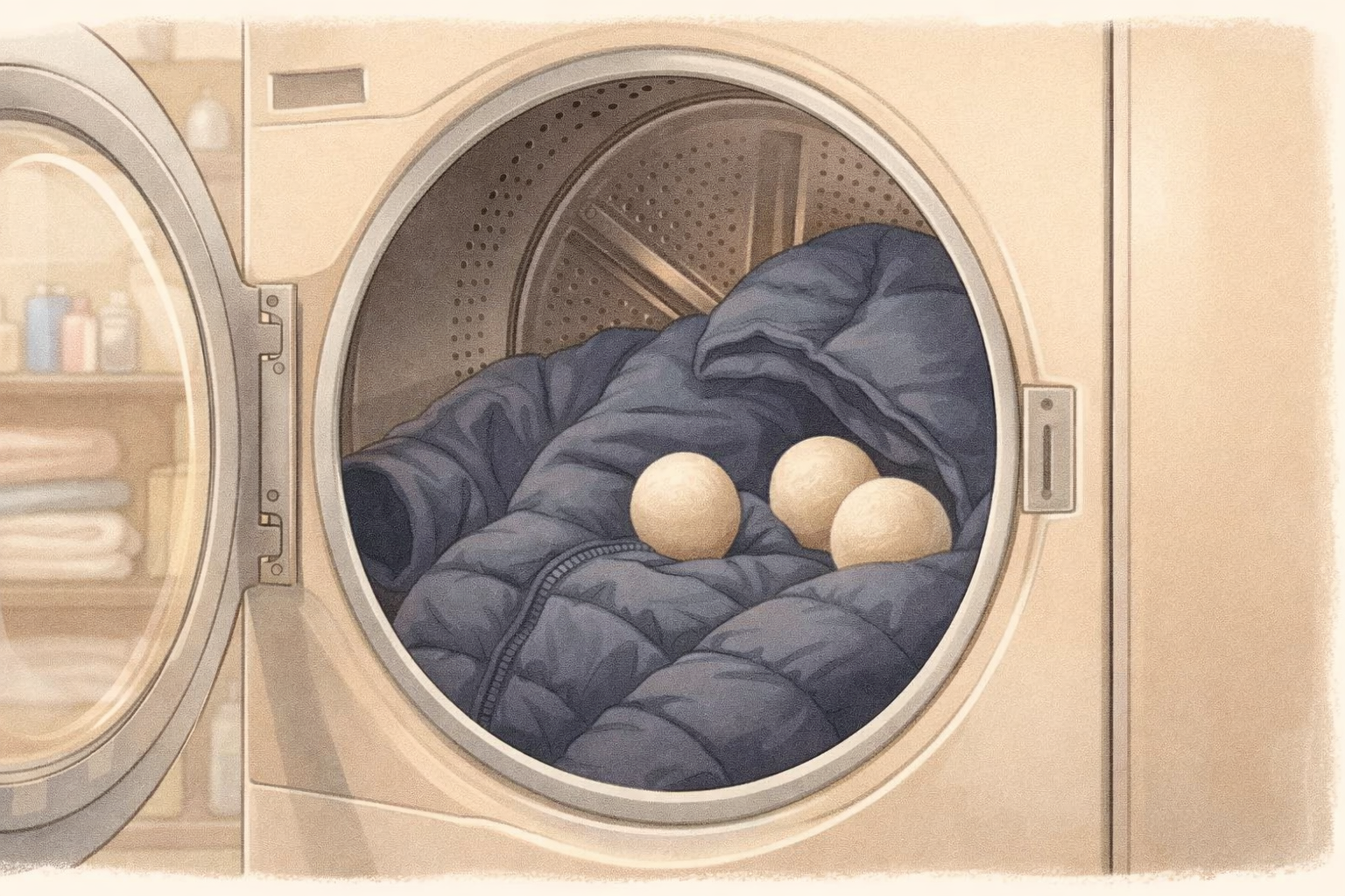 Tumble drying a down jacket on low heat with dryer balls to prevent clumping
