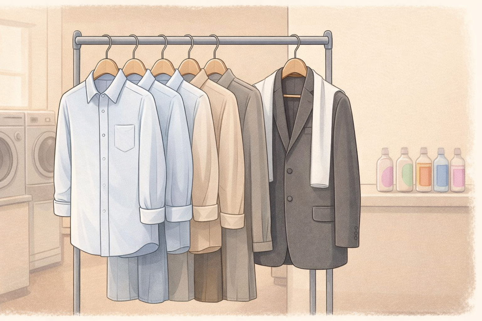 Workwear hanging neatly after cleaning and pressing in Notting Hill