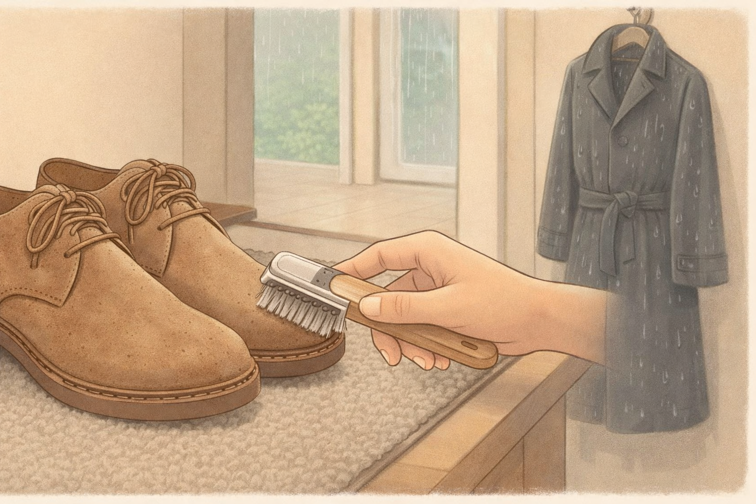 Brushing suede shoes gently after drying, safe suede stain removal at home