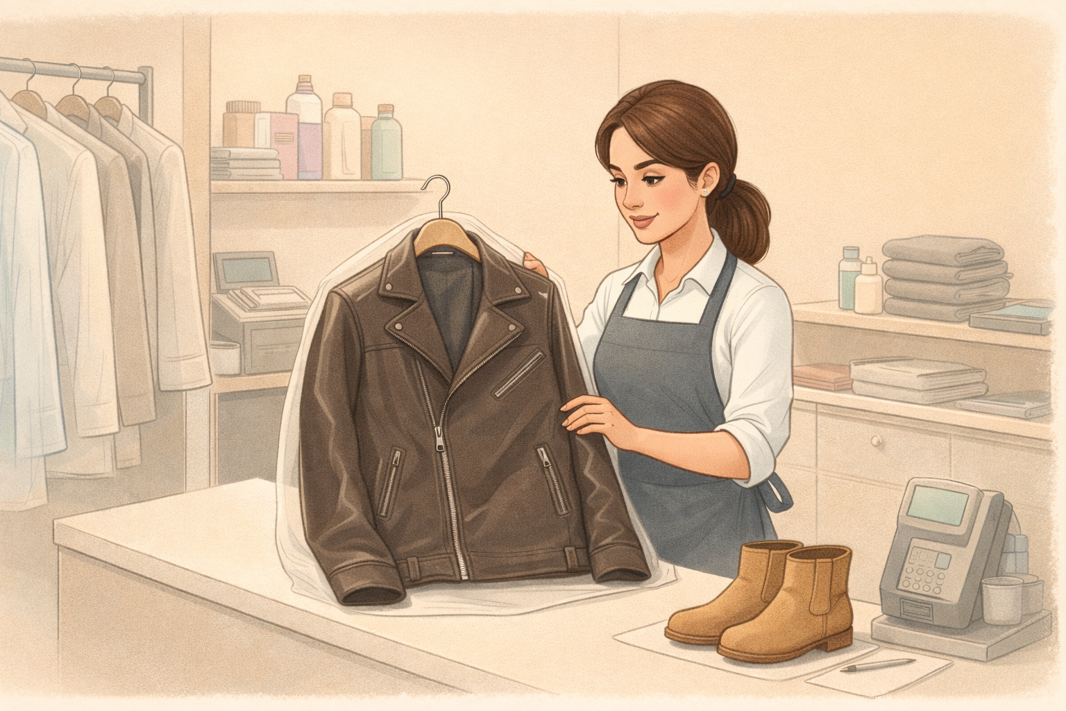 Leather jacket inspection at Glint Express counter in North Finchley before cleaning