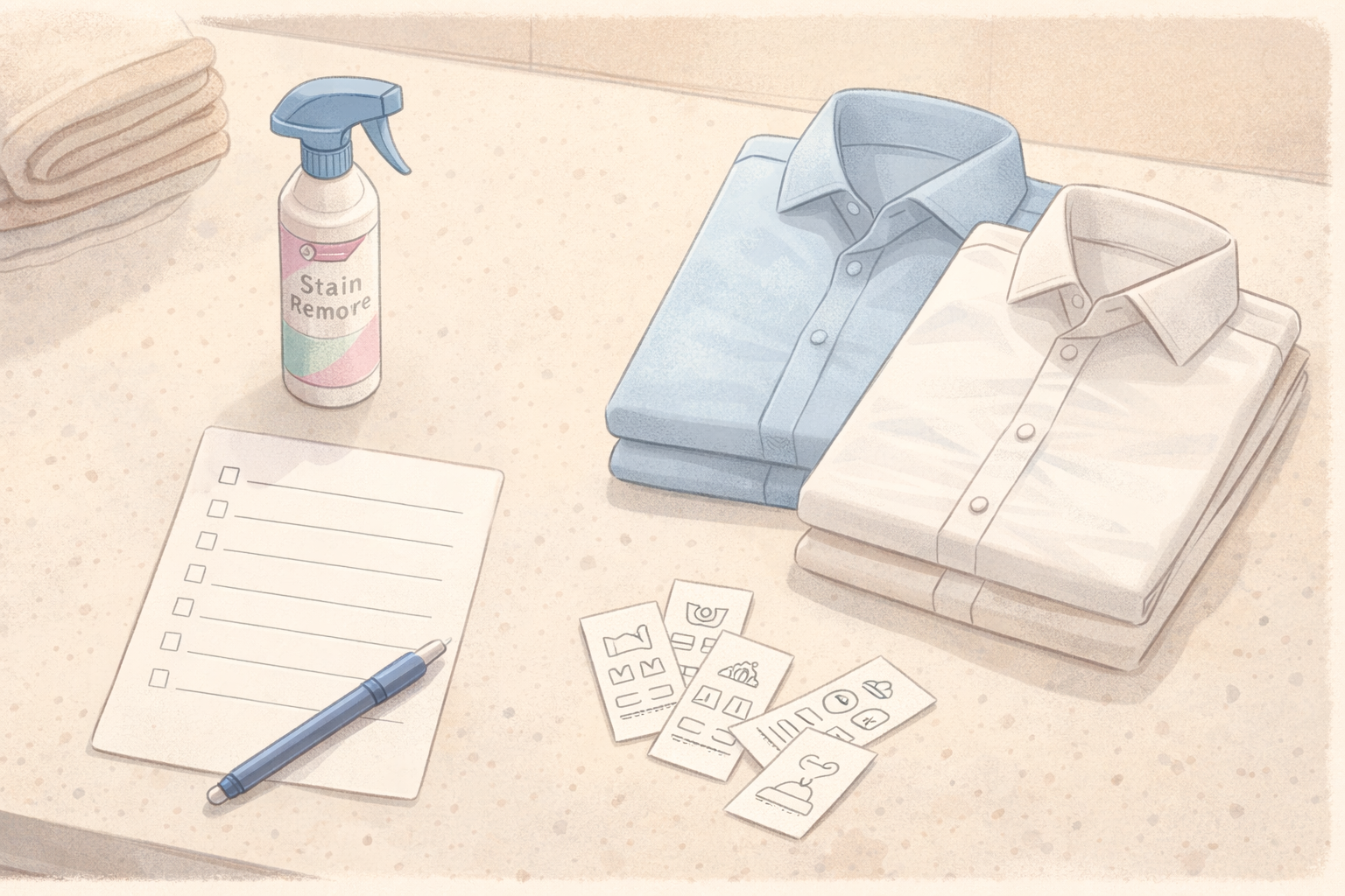Laundry prep checklist items laid out for a Notting Hill laundrette visit.
