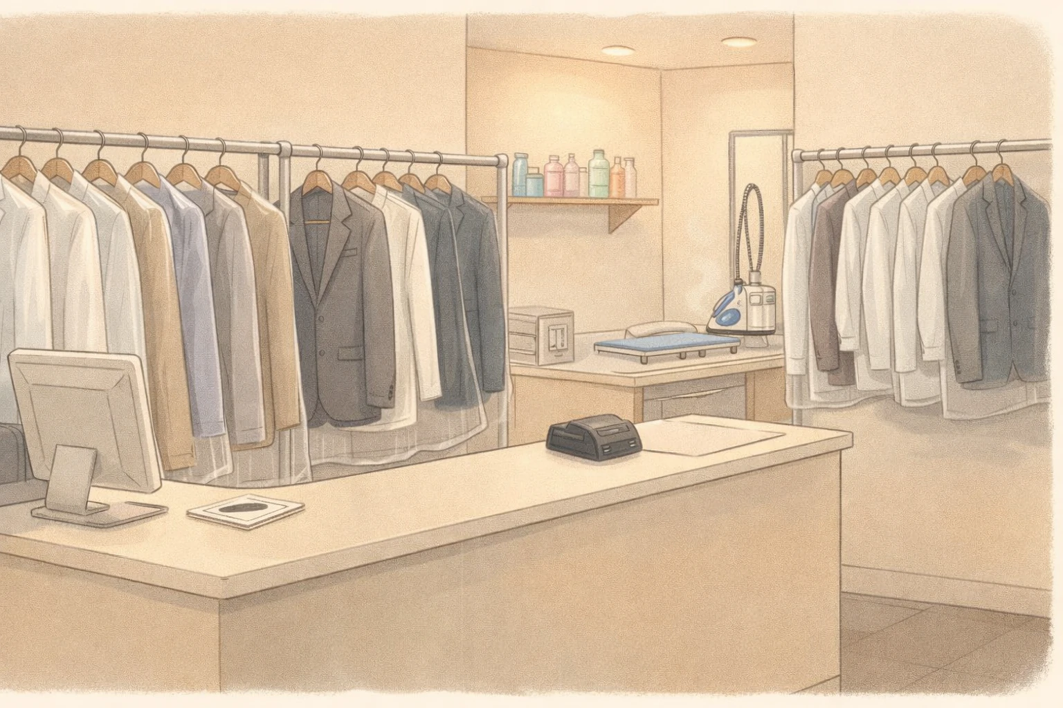 London counter scene showing garment handling and finishing standards for ironing services.