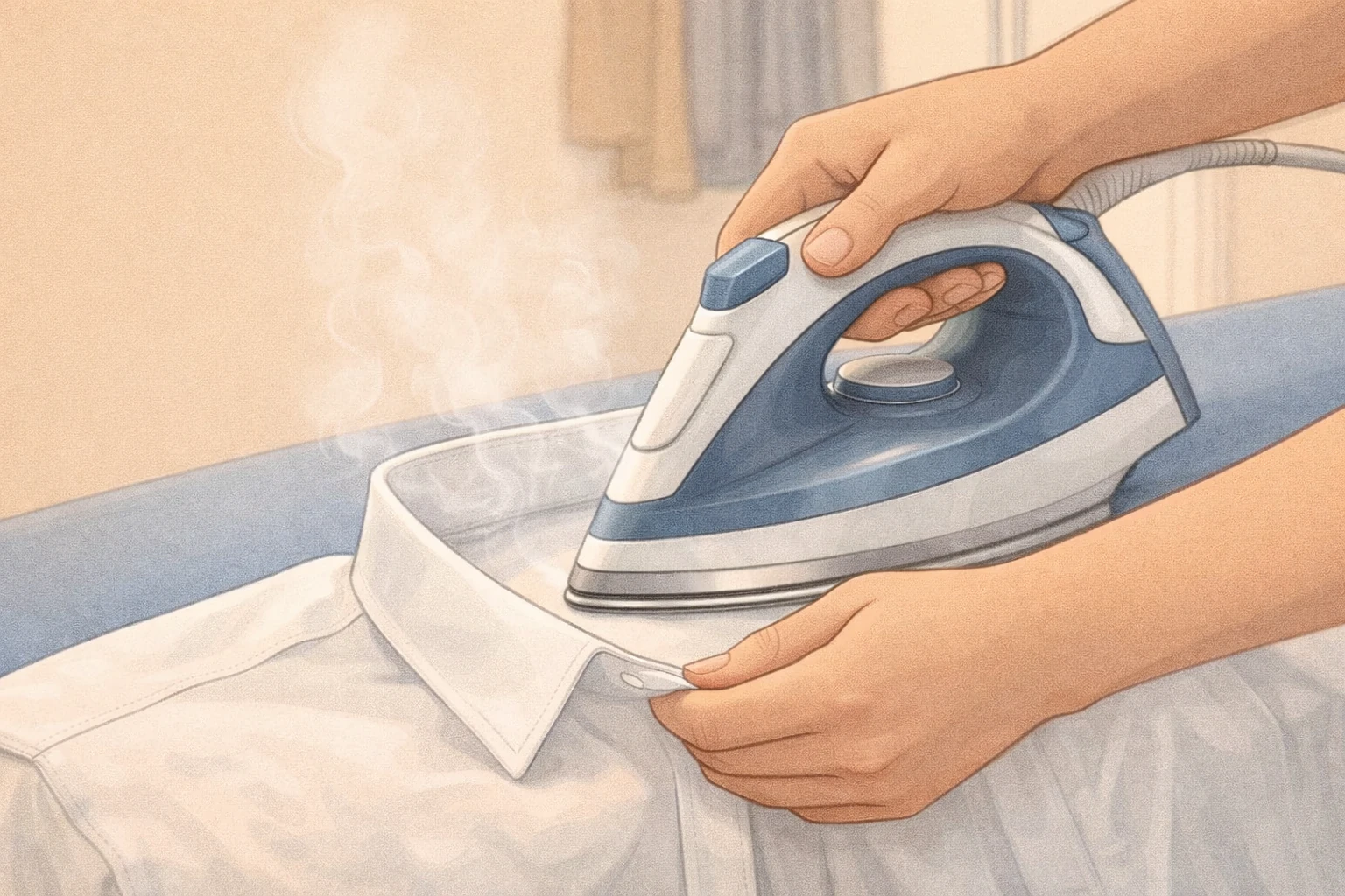 Close-up of pressing a shirt collar, showing quality control and careful heat use.