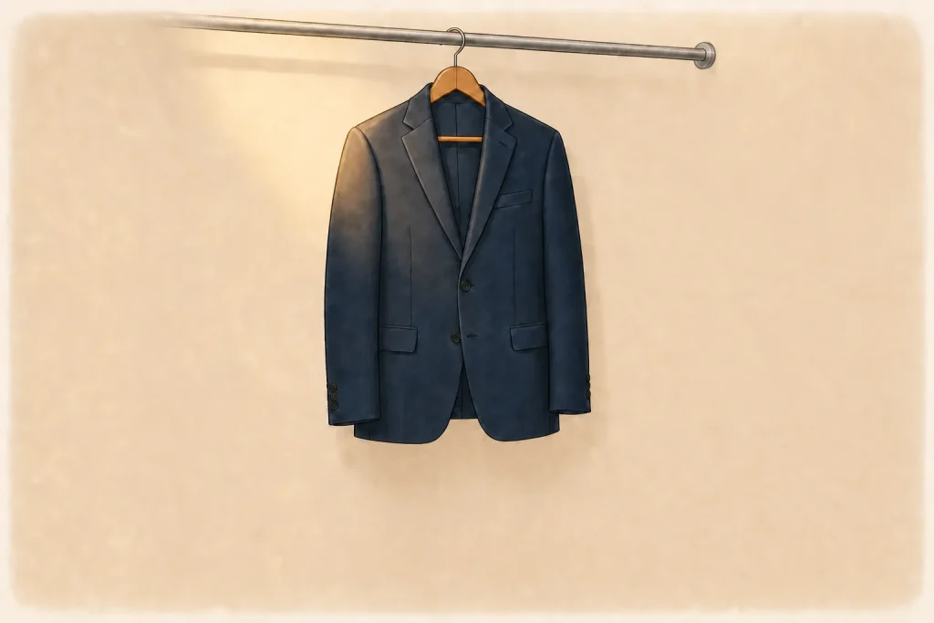 A navy suit jacket on a hanger with warm light falling across one shoulder