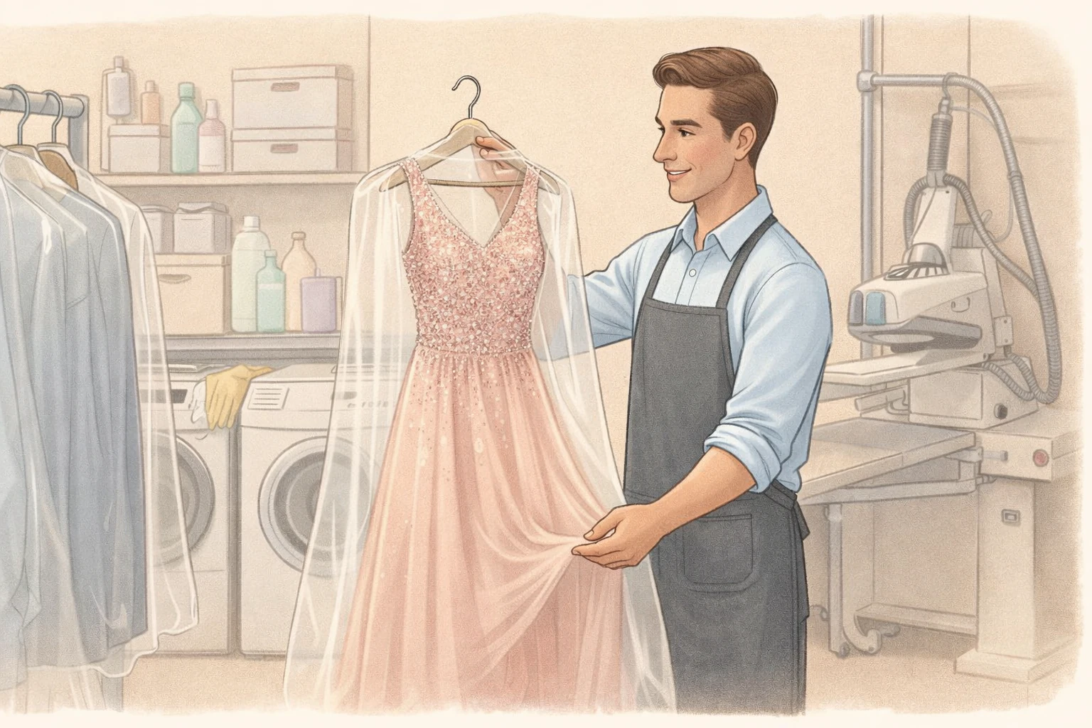 A dry cleaner carefully handling a delicate evening gown