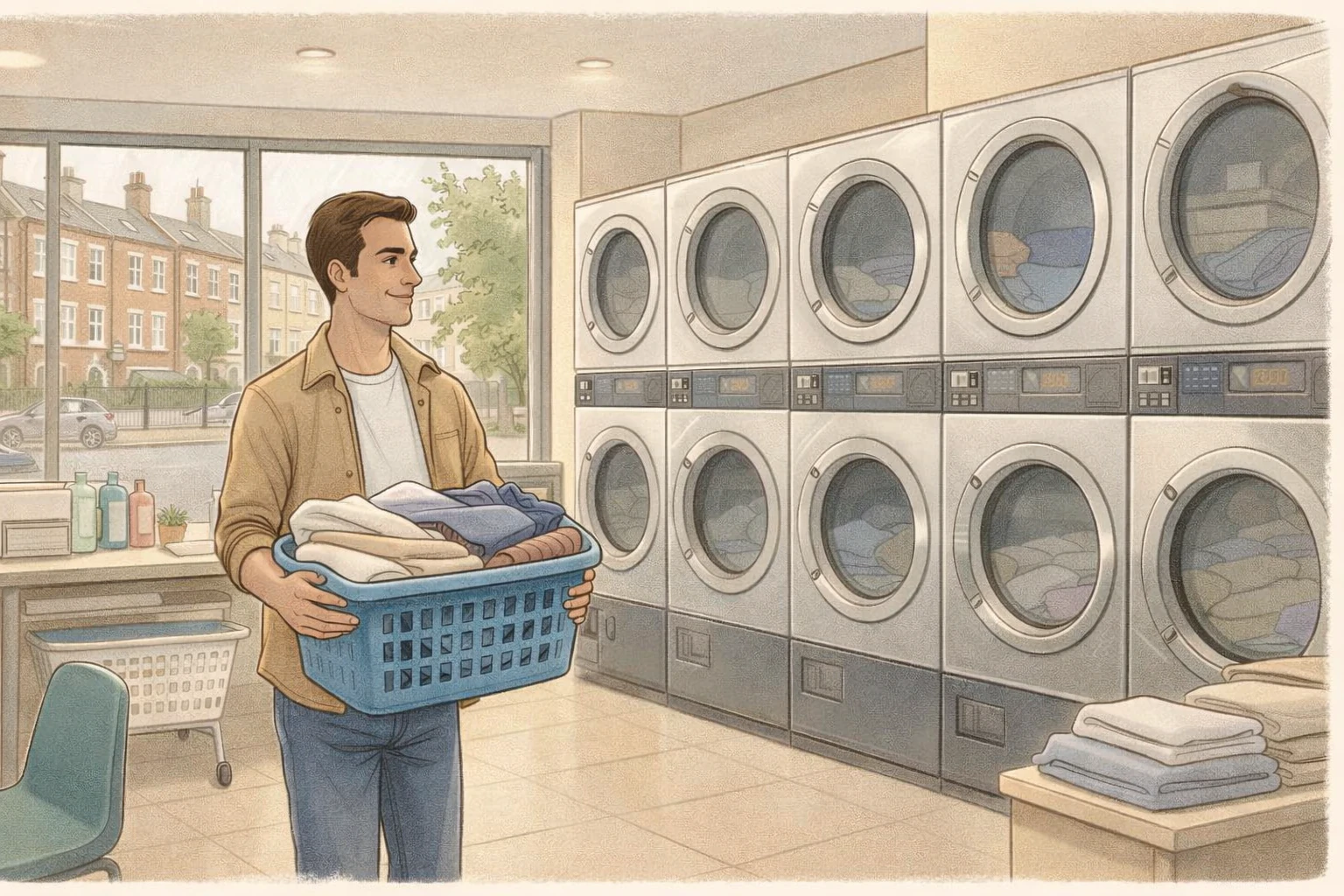 Self-service washers and dryers in a London laundrette for comparing laundry options