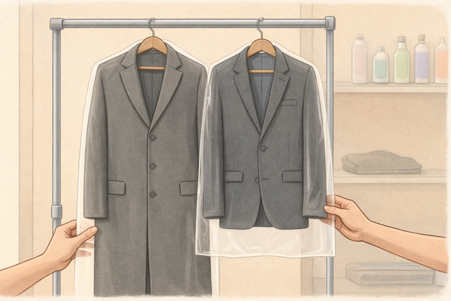 Long overcoat and short blazer on rail, showing categories for dry clean coat pricing