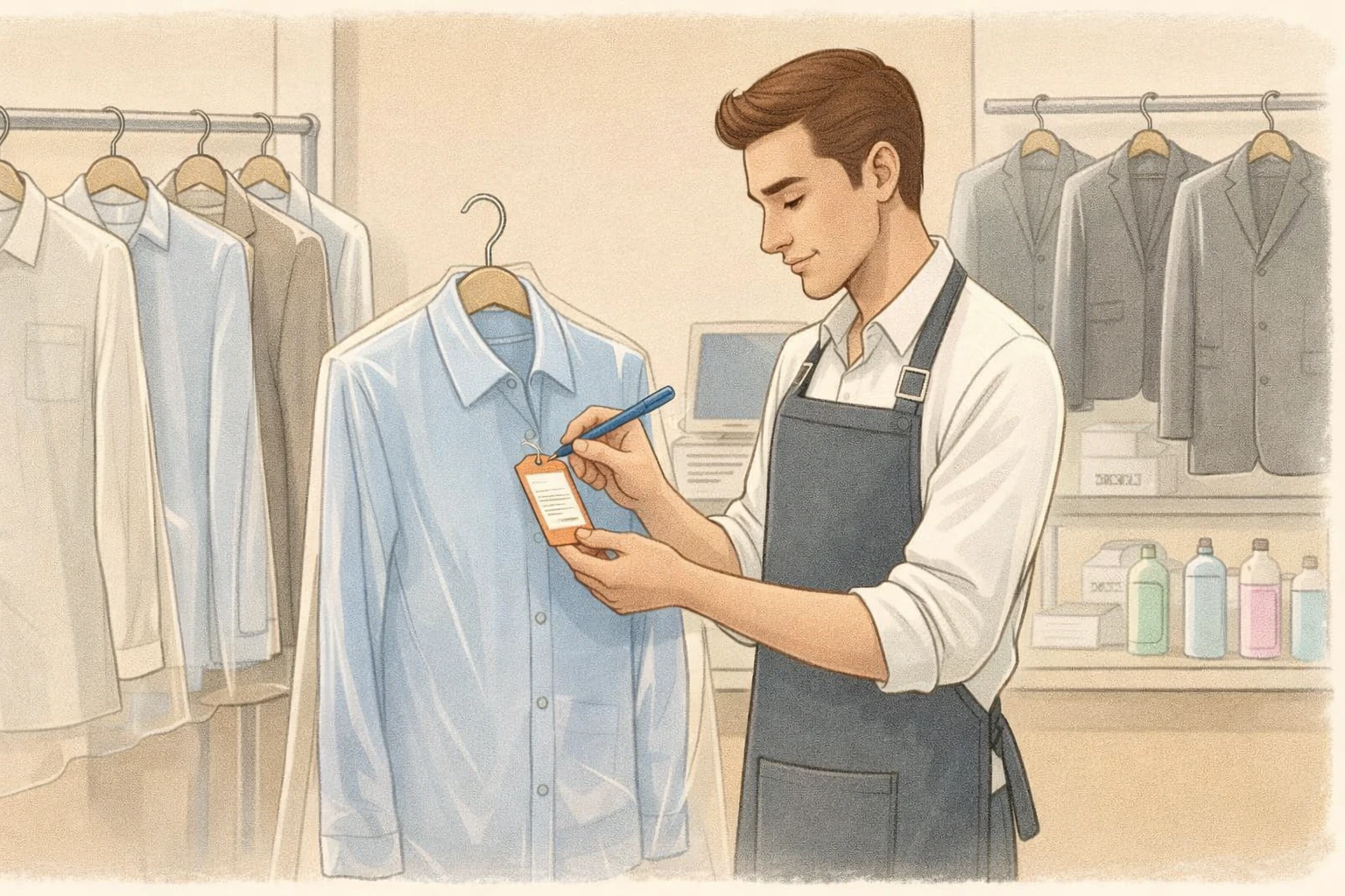 A dry cleaning assistant inspecting and tagging garments at the counter