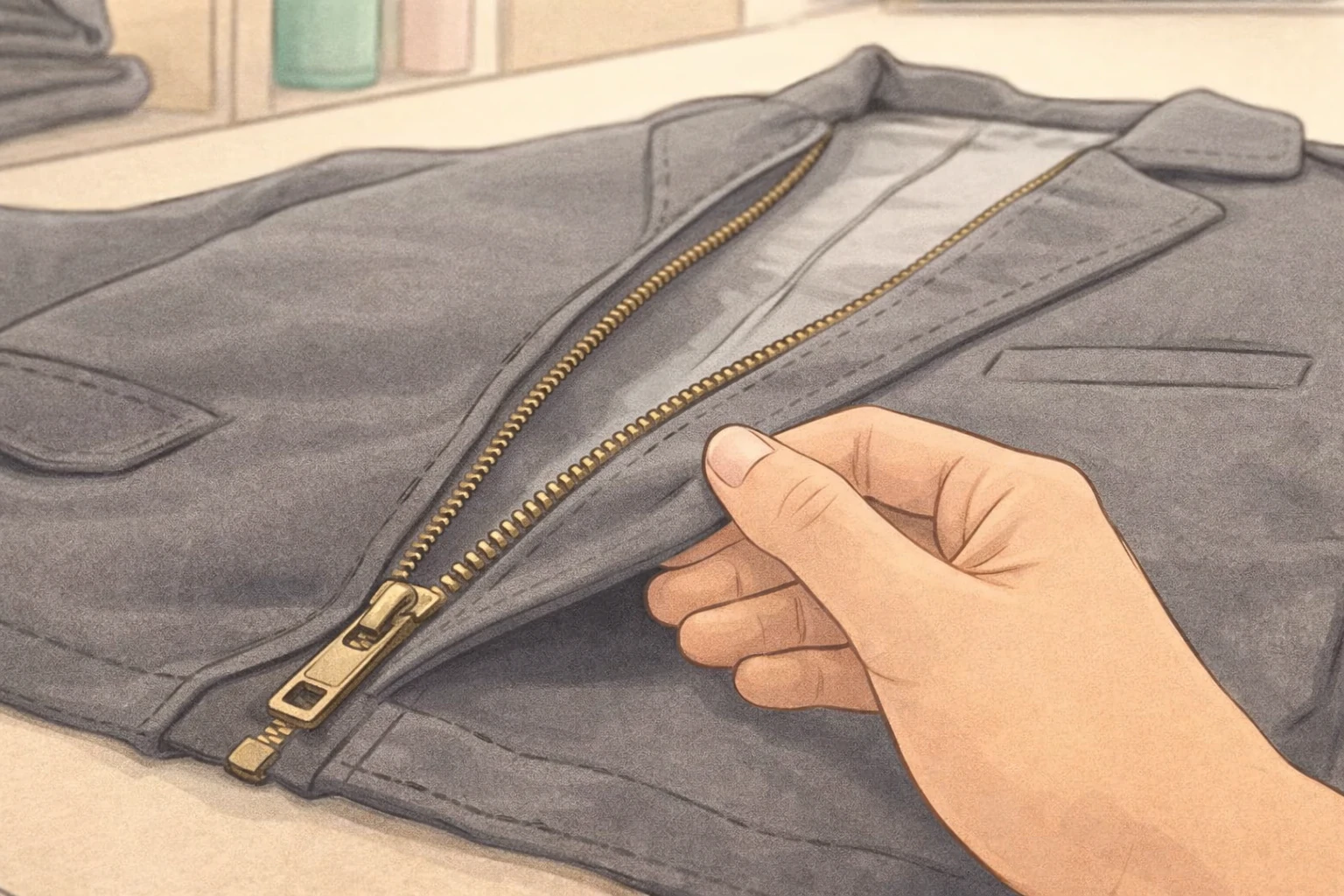Self-test showing zip teeth separating behind a worn slider on a jacket