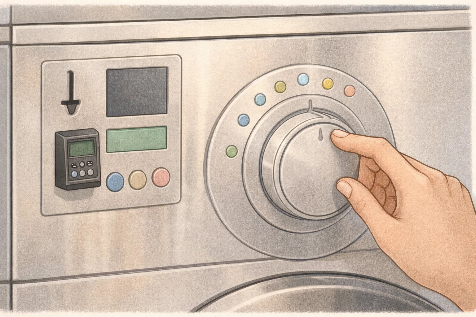Hand selecting a wash setting on a laundrette machine, showing practical self-service choice
