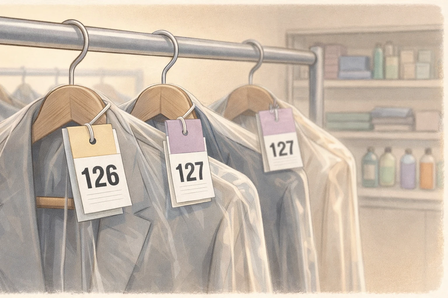 Numbered tags on hangers showing traceability for reliable dry cleaning orders