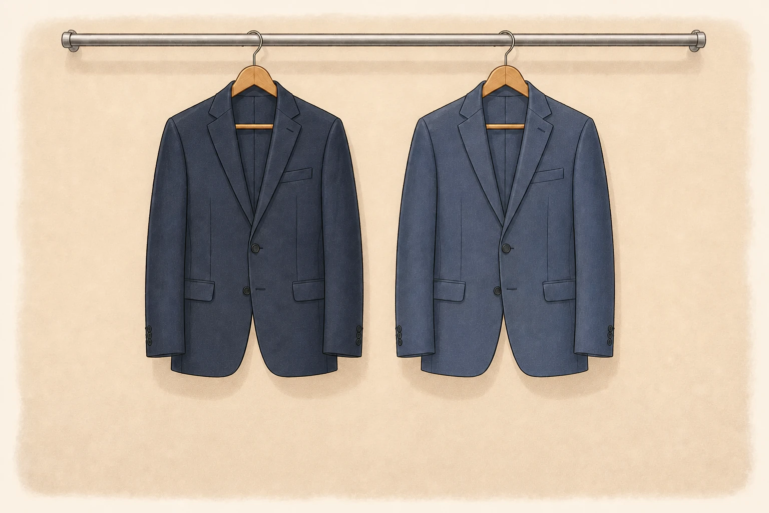 Two navy suit jackets on a shop rail, one slightly lighter in shade than the other