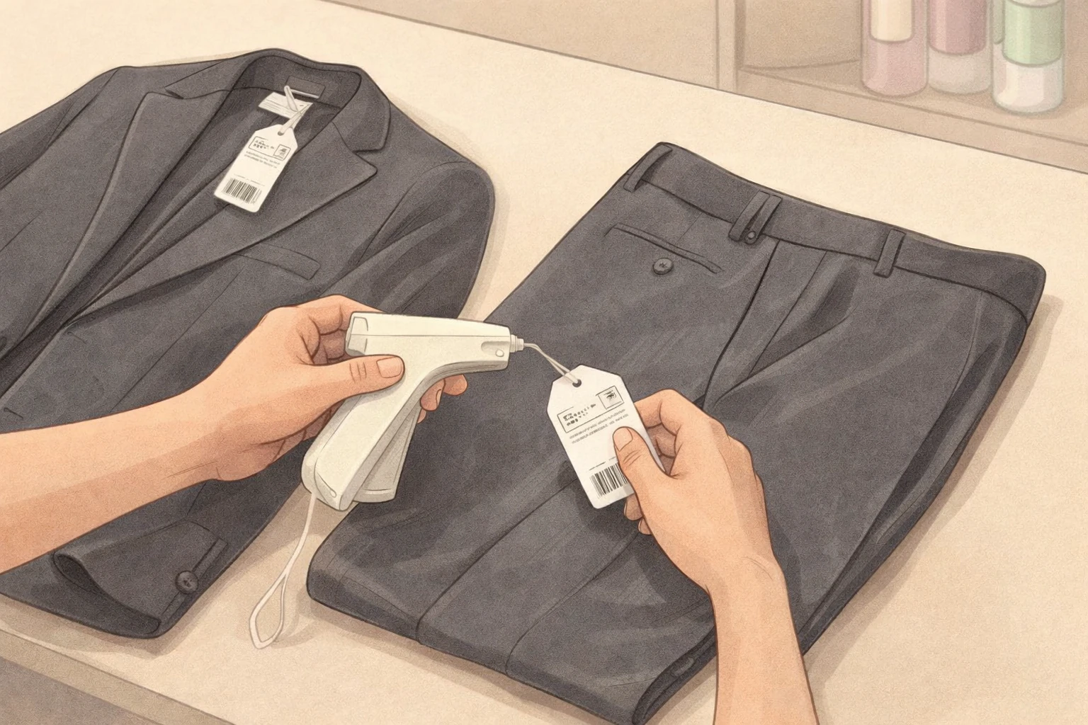 Suit jacket and trousers being tagged at counter before dry clean suit service