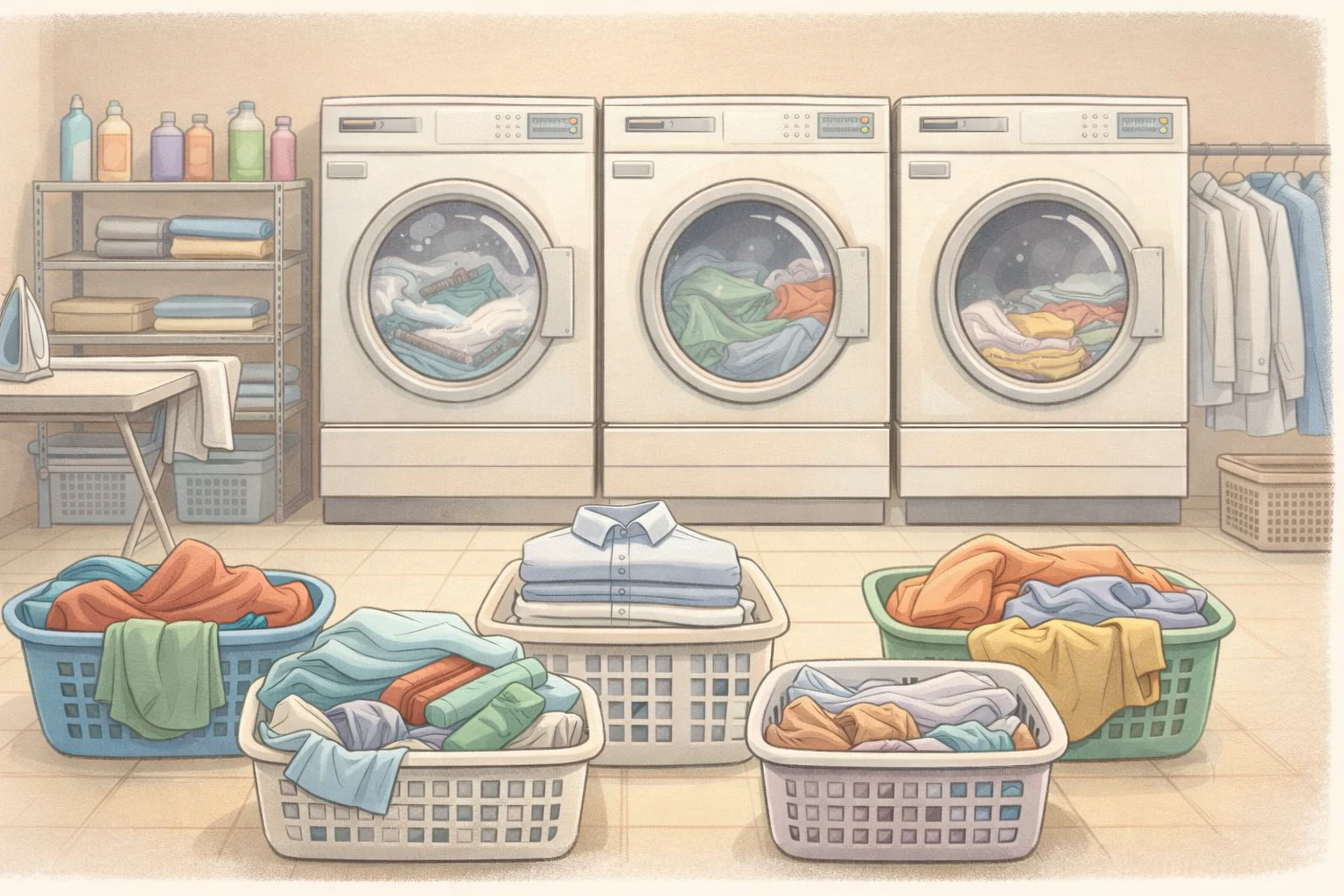 Laundry machines running with baskets of clothes ready for a wash and press service
