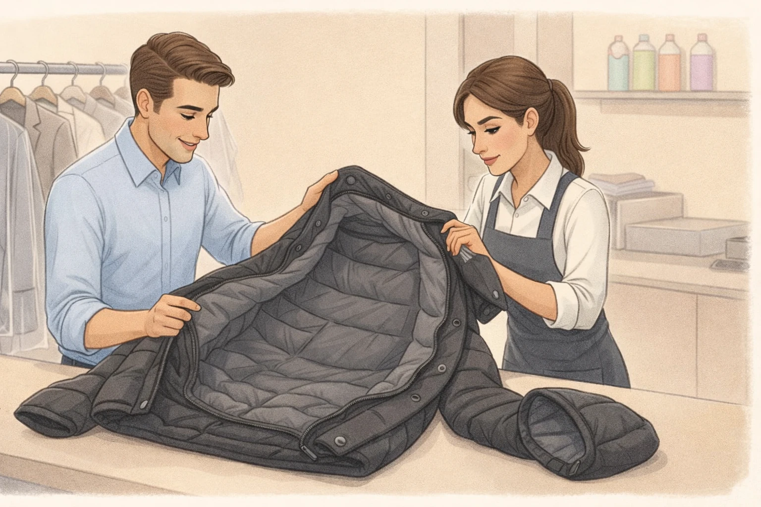 Staff inspecting puffer jacket hood and lining before quoting cleaning