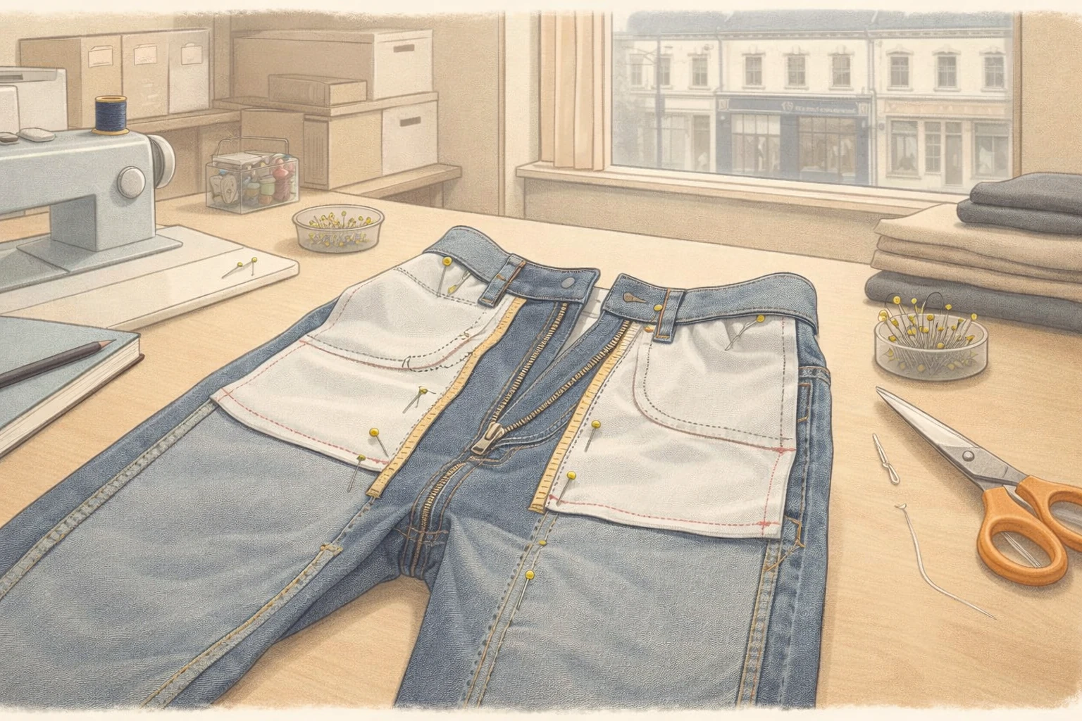 Jeans fly opened to show layers during jeans zip repair setup