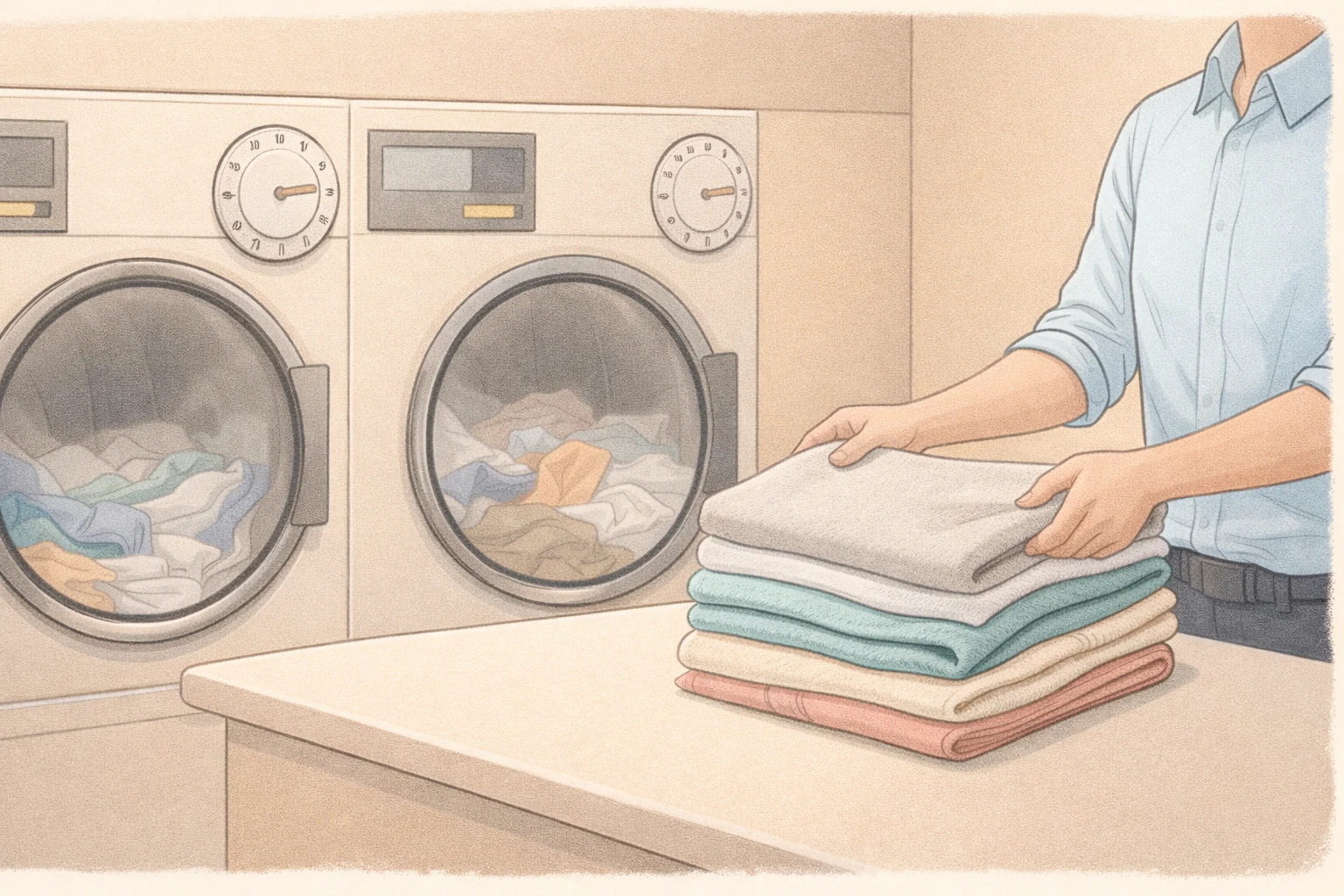 Person folding laundry beside running tumble dryers, illustrating drying time and cost control