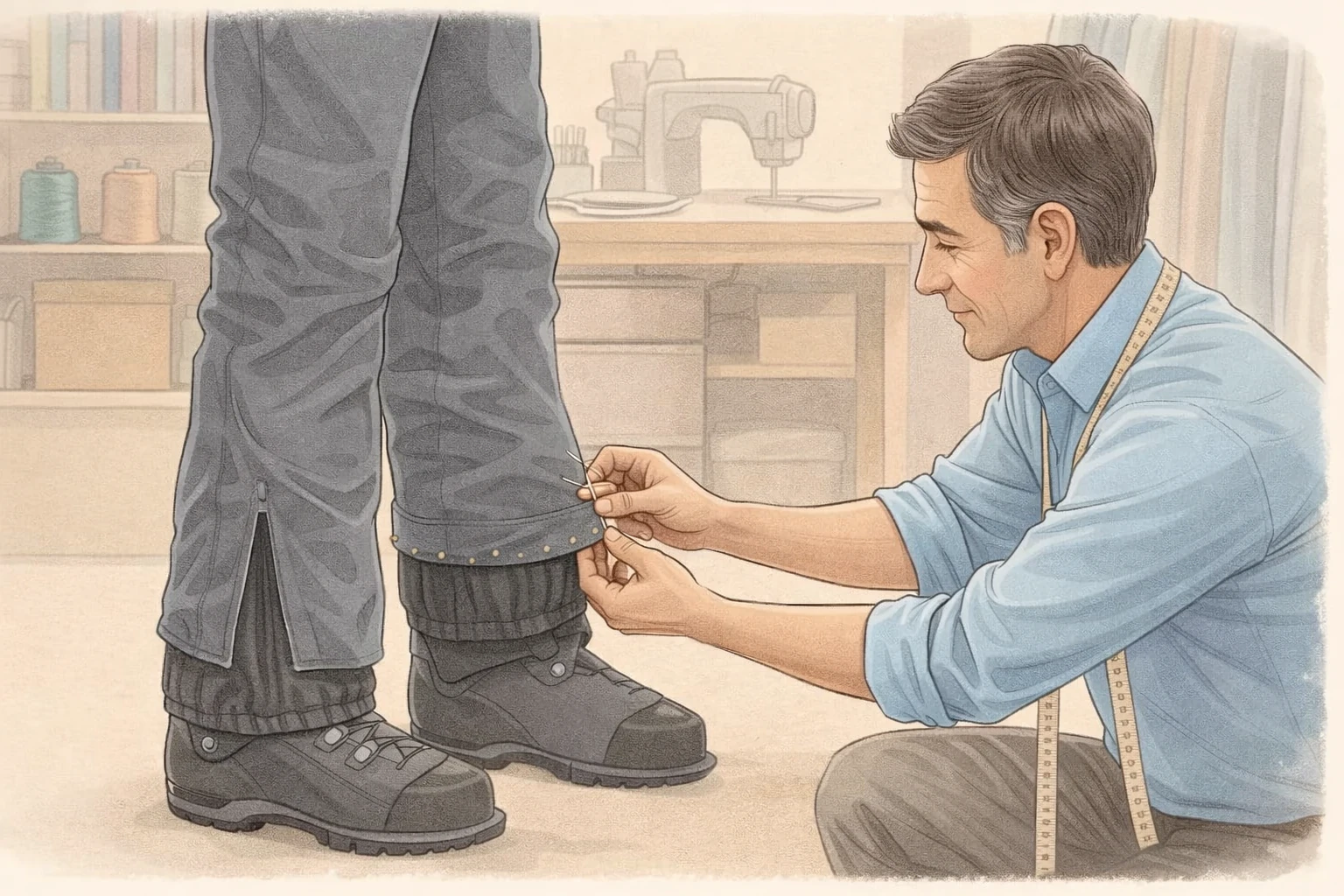 Hemming ski trousers while keeping inner gaiter and kick guard aligned